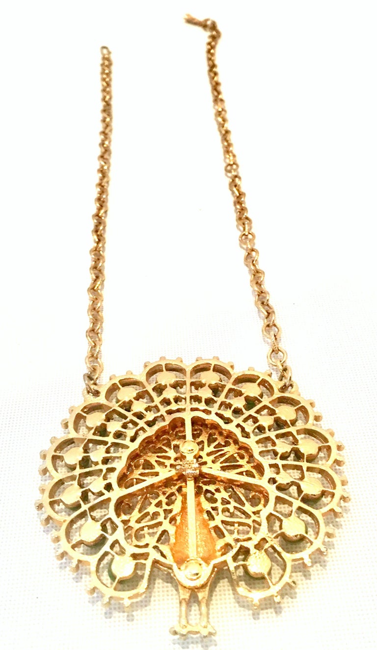 70'S Gold Plate and Faux Jade Bead Peacock Pendant Necklace By, Gold ...