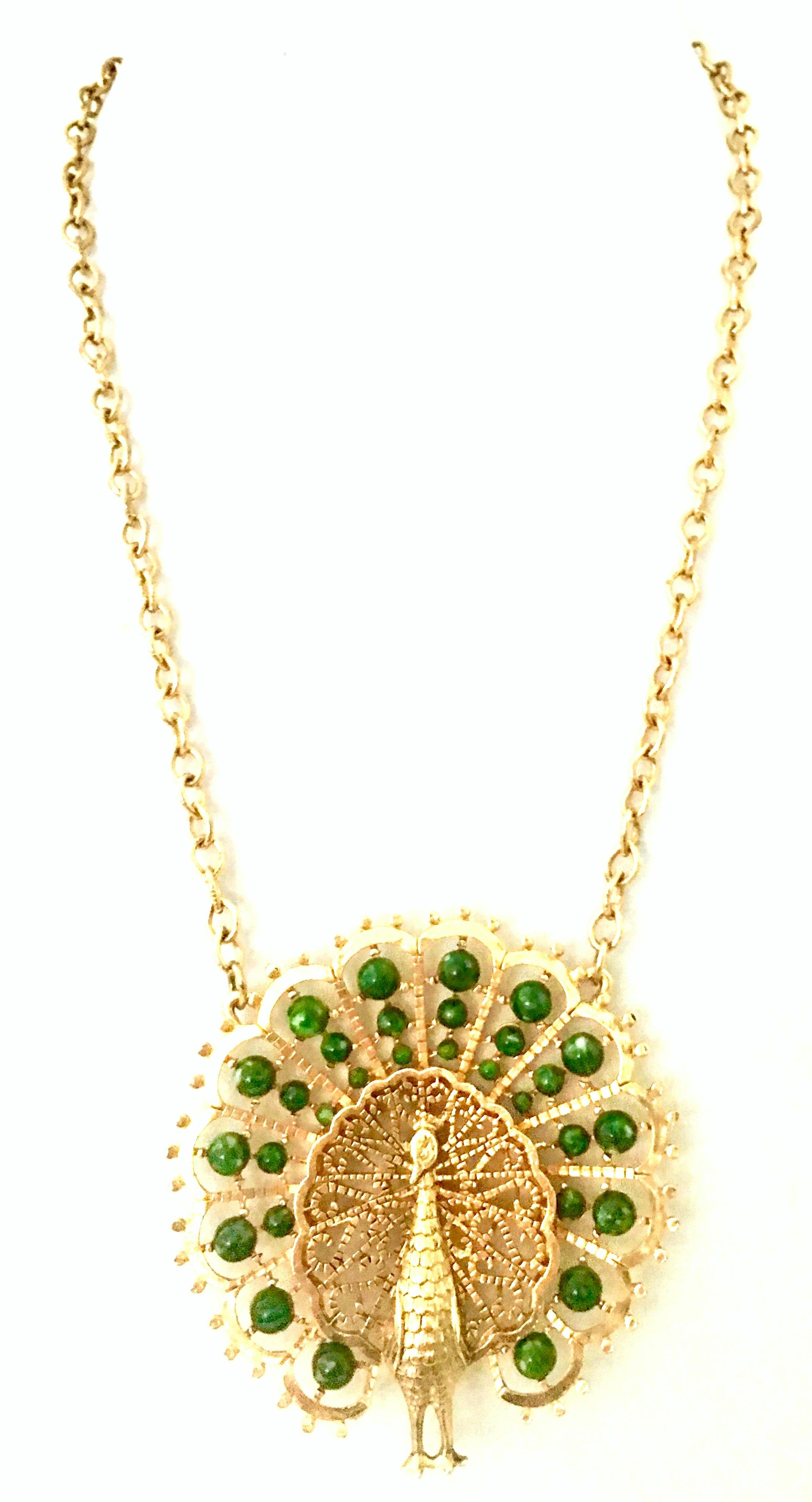 1970'S Monumental Gold Plate & Faux Jade Bead Peacock Pendant Necklace By, Gold Crown Inc. This filigree detail monumental pendant necklace features a 3.5