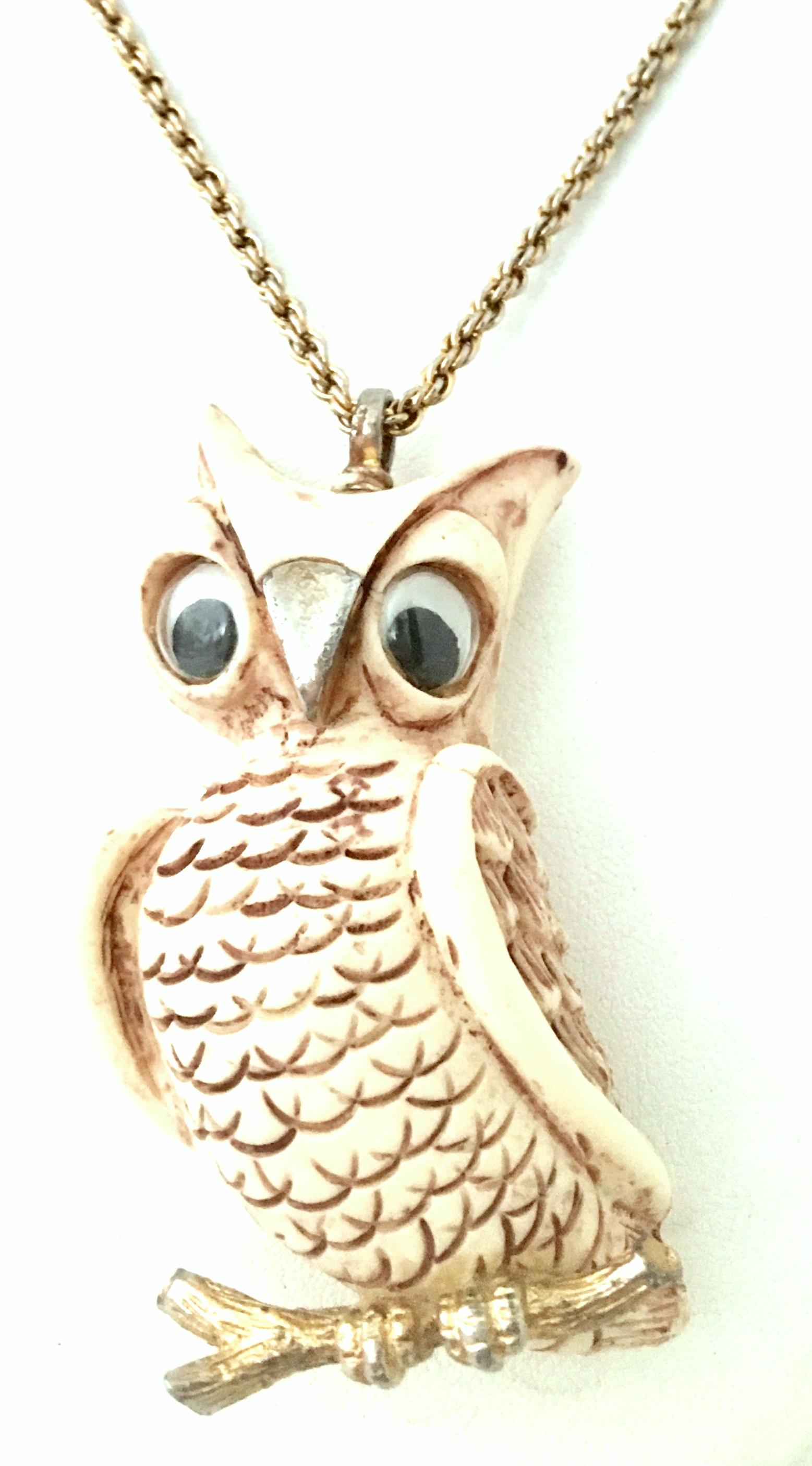 Women's or Men's 70'S Gold & Resin Carved Owl Pendant Necklace By Luca Razza For Sale