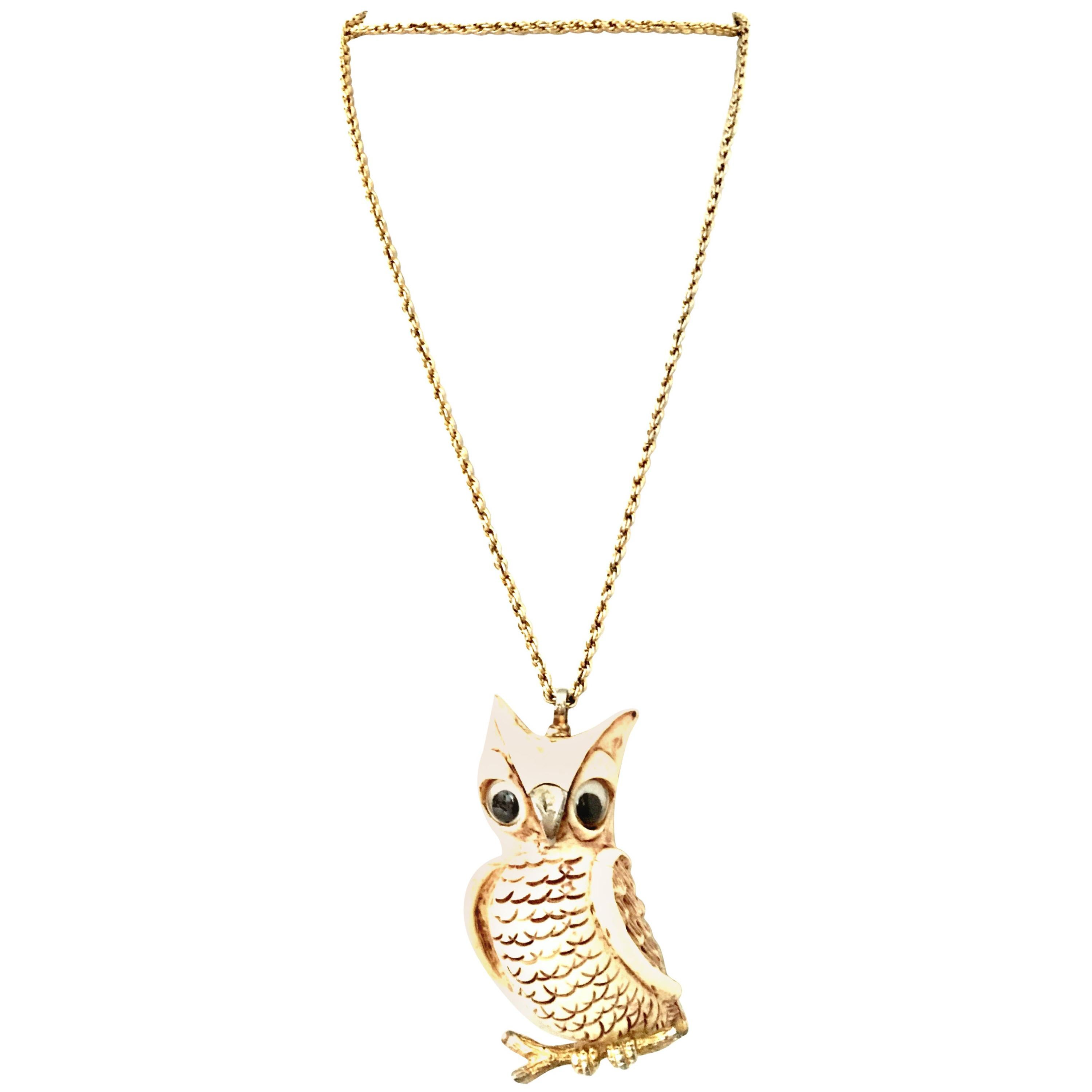 70'S Gold & Resin Carved Owl Pendant Necklace By Luca Razza For Sale