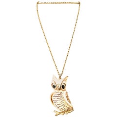70'S Gold & Resin Carved Owl Pendant Necklace By Luca Razza