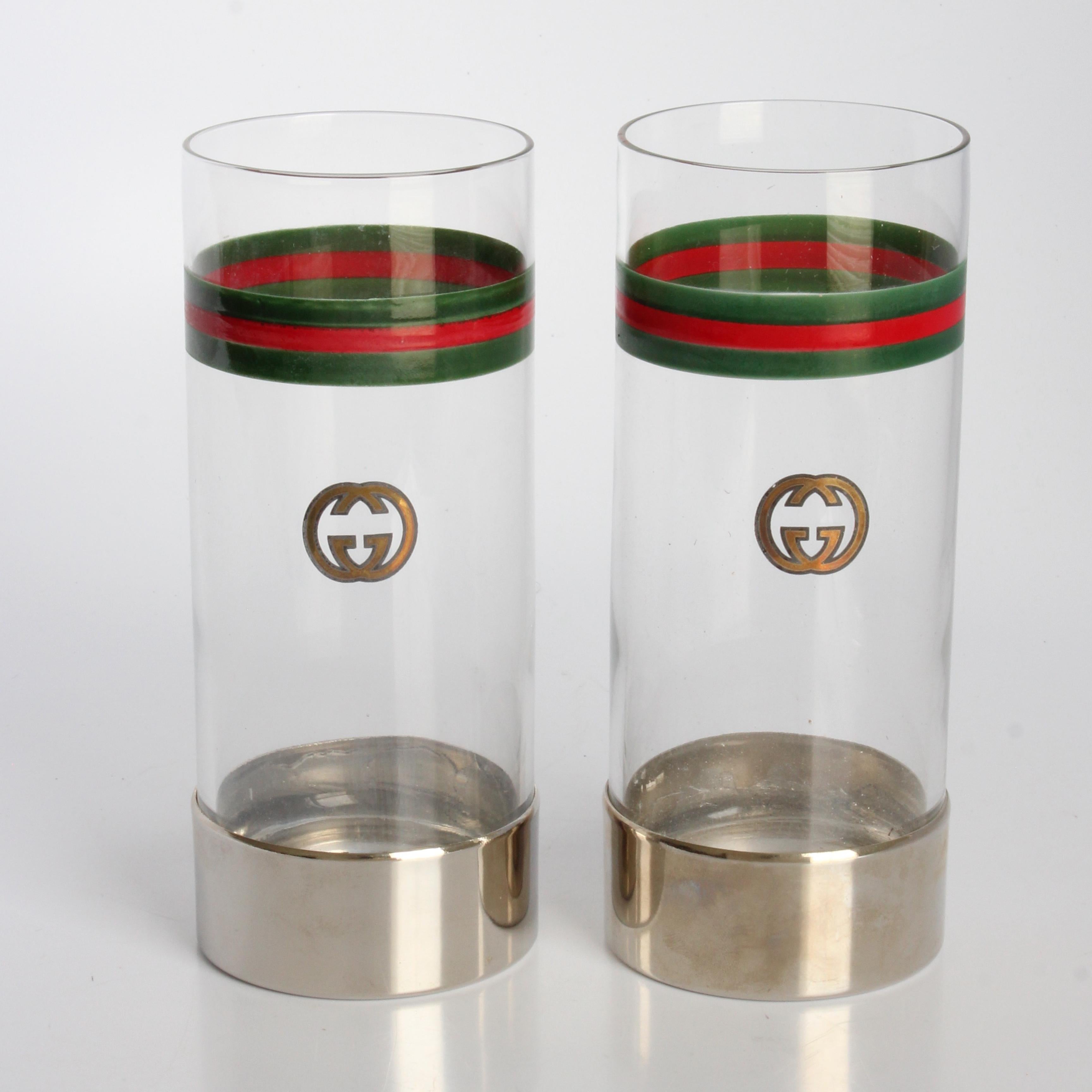 Set di articoli da bar Gucci anni '70 Decanter d'argento + bicchieri Highball in cristallo con logo GG Italia in vendita 5