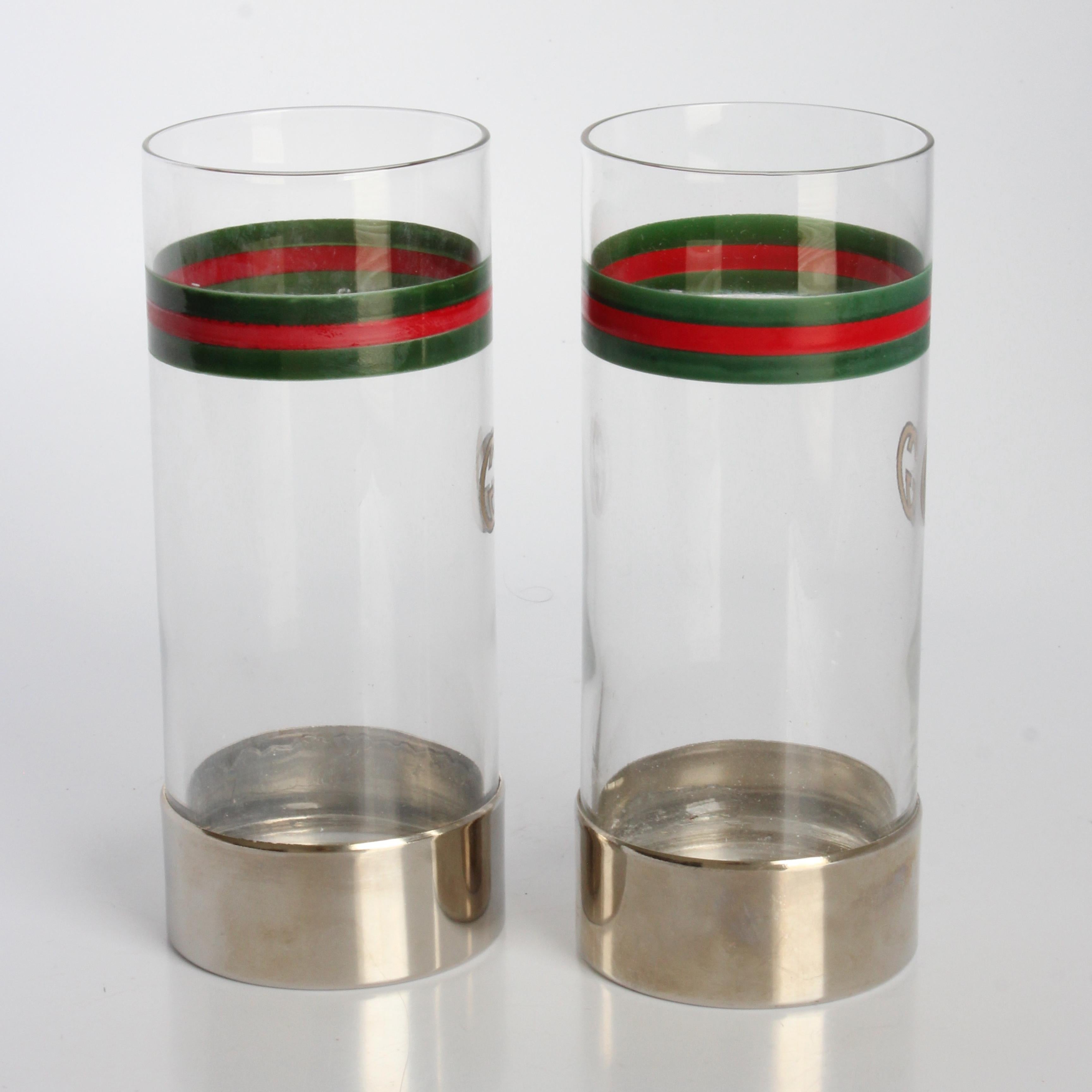Set di articoli da bar Gucci anni '70 Decanter d'argento + bicchieri Highball in cristallo con logo GG Italia in vendita 6