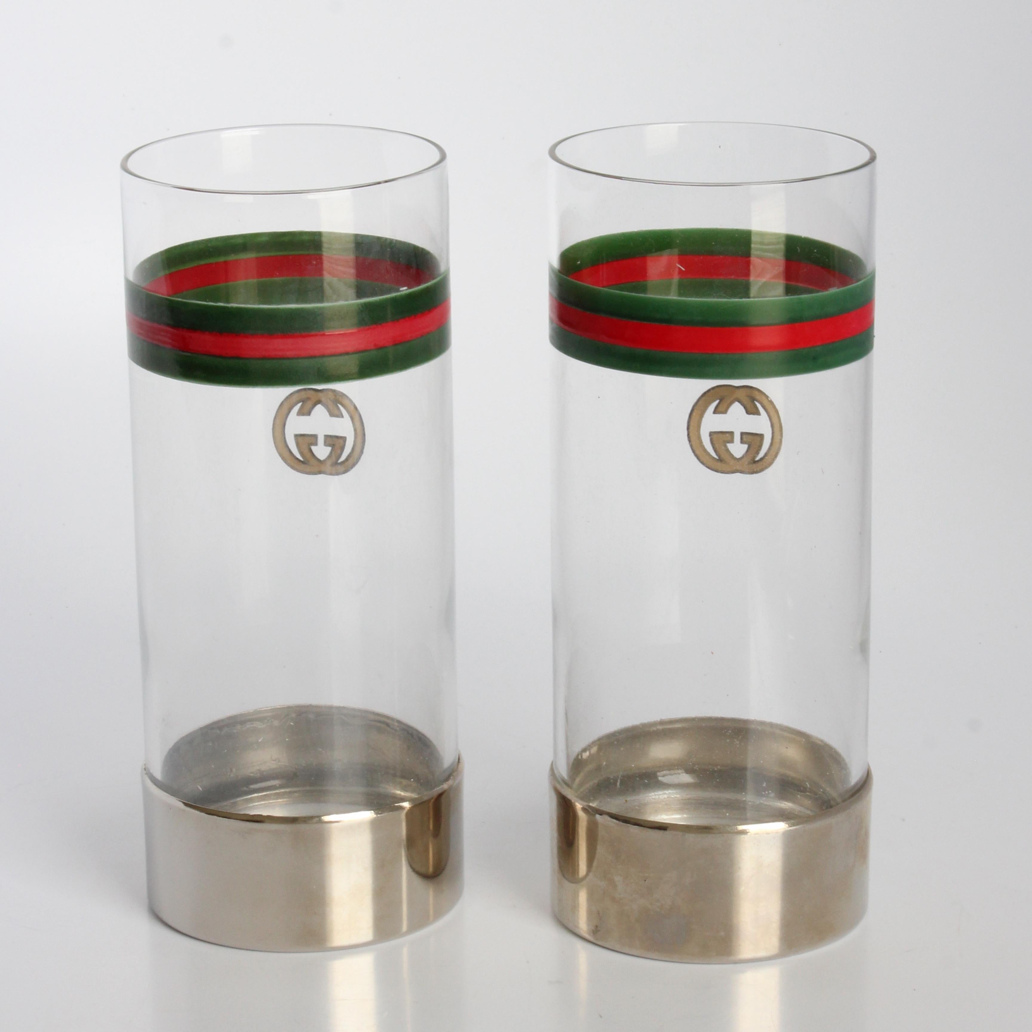 Set di articoli da bar Gucci anni '70 Decanter d'argento + bicchieri Highball in cristallo con logo GG Italia in vendita 7