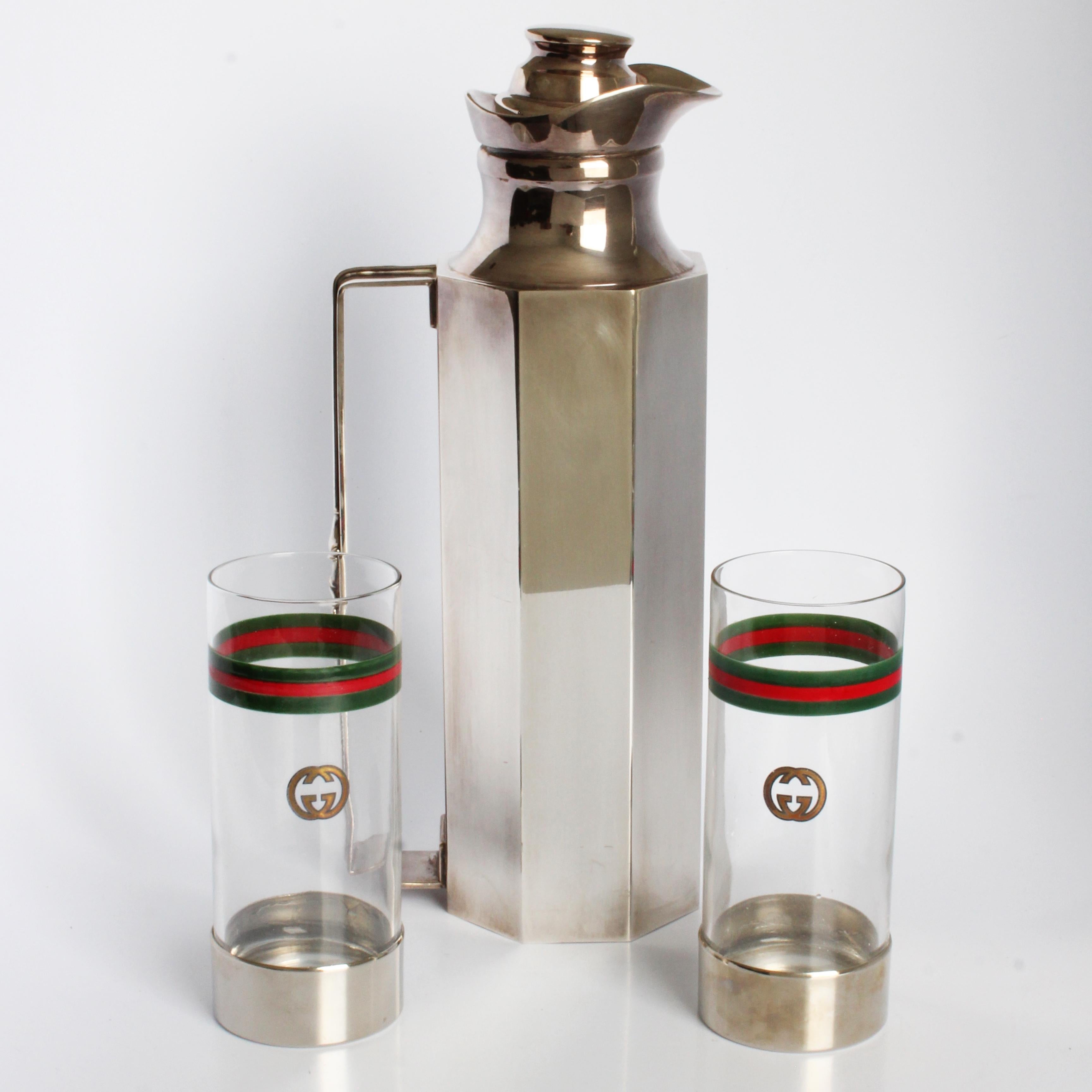 Set di articoli da bar Gucci anni '70 Decanter d'argento + bicchieri Highball in cristallo con logo GG Italia In condizioni buone in vendita a Port Saint Lucie, FL
