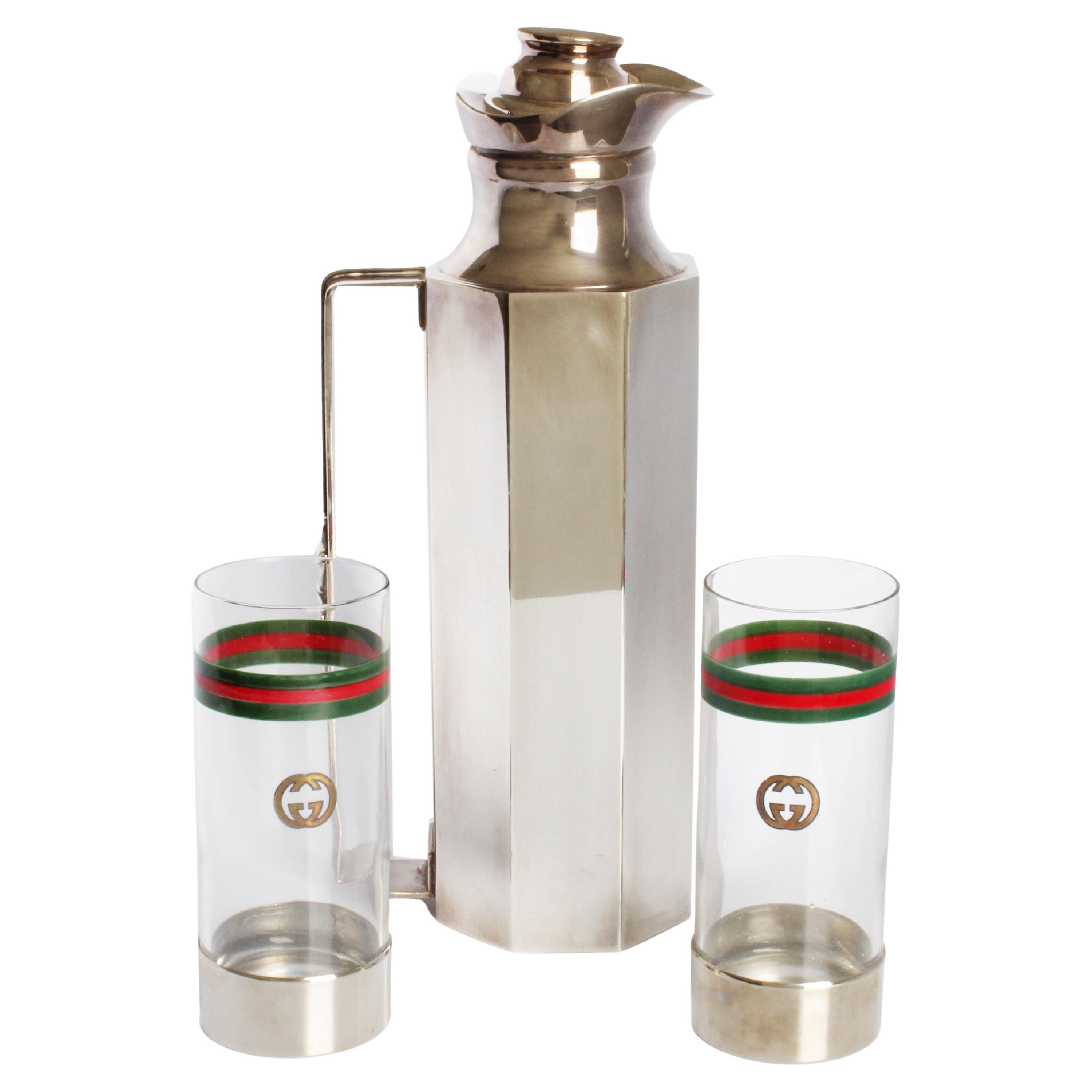 Set di articoli da bar Gucci anni 
70 Decanter d
argento + bicchieri Highball in cristallo con logo GG Italia in vendita