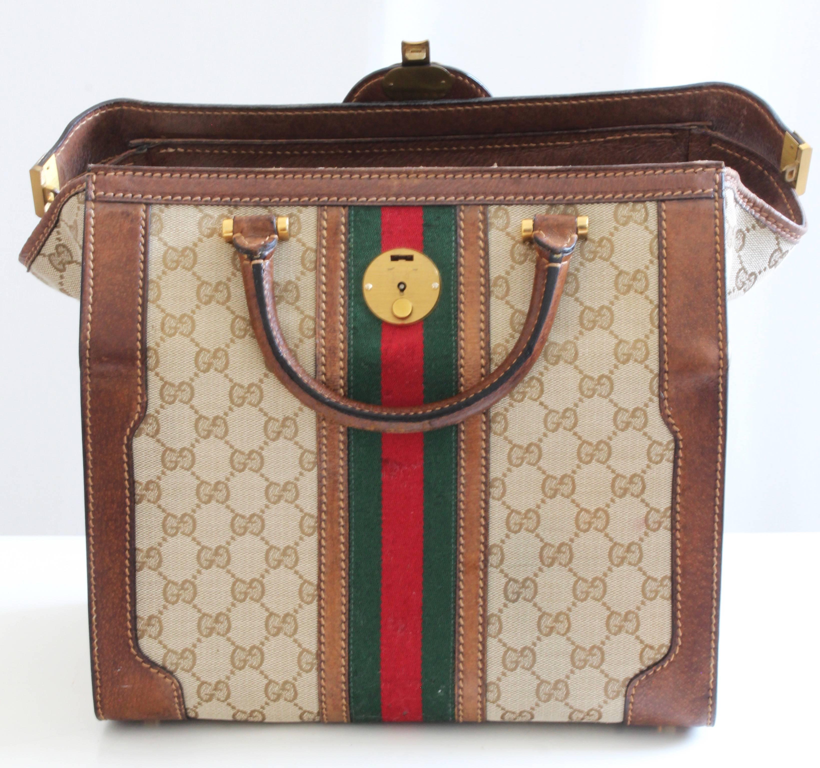 Gucci Logo Doctors Bag Train Case Vanity Webbing Travel Carry On Luggage, 1970s 1