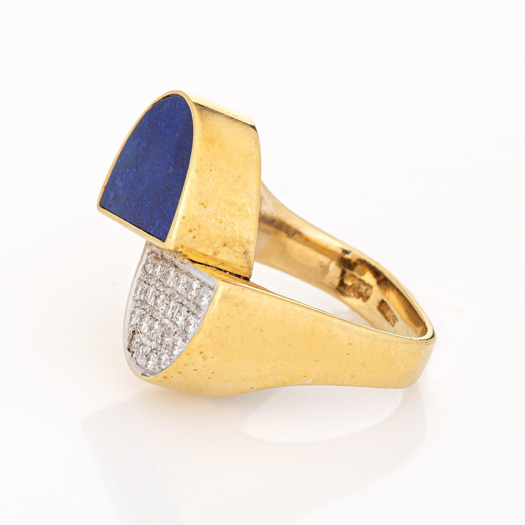 Modern 70s Half Moon Ring Vintage Lapis Lazuli Diamond 18k Yellow Gold Jewelry For Sale