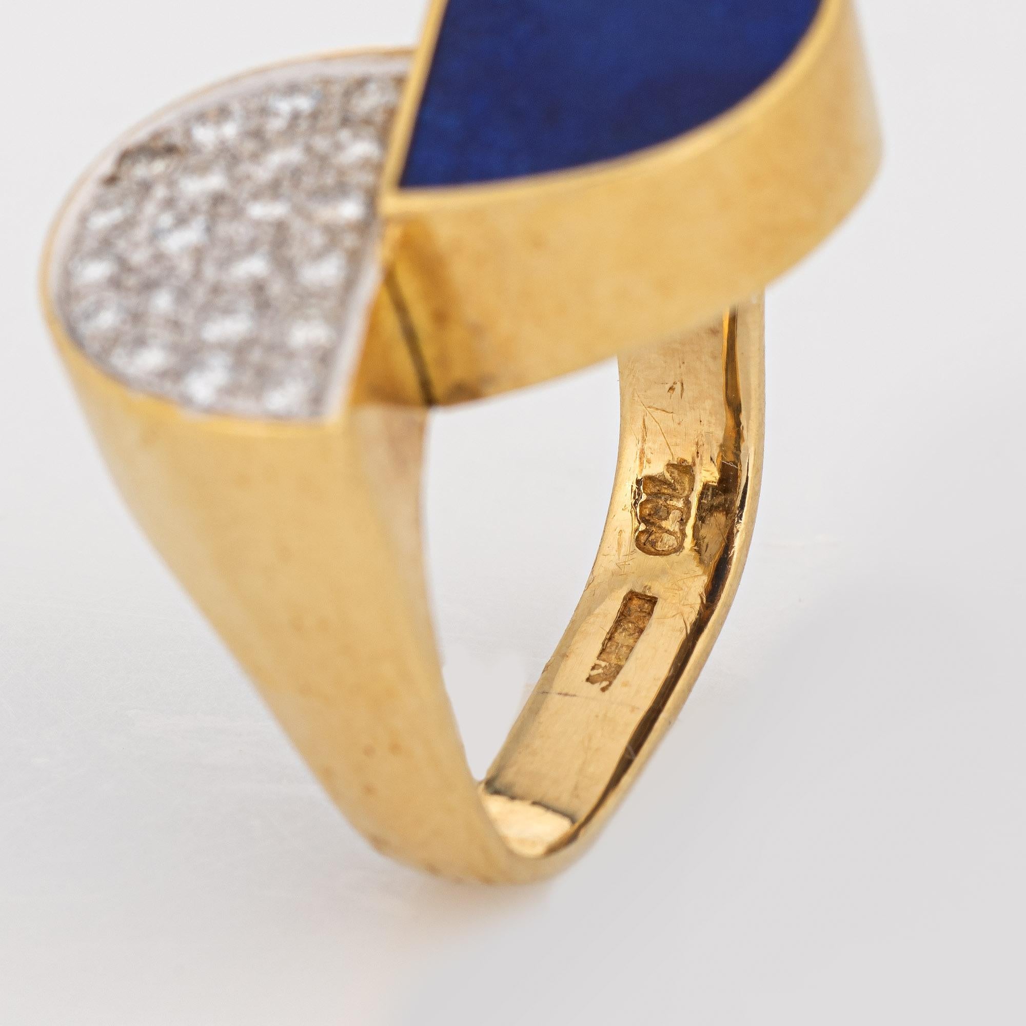 Women's 70s Half Moon Ring Vintage Lapis Lazuli Diamond 18k Yellow Gold Jewelry For Sale