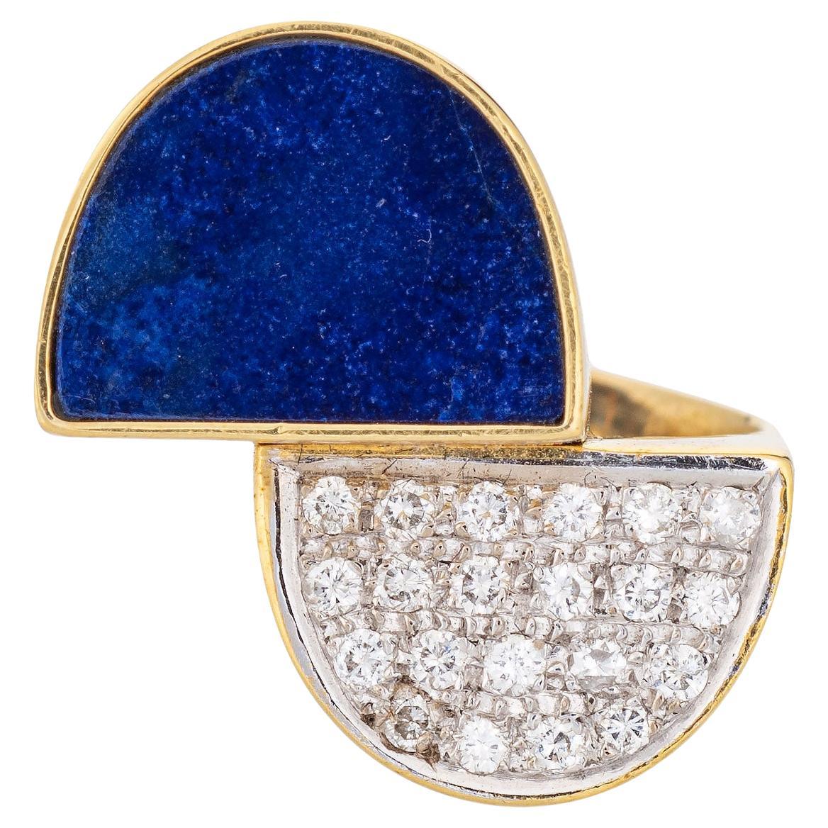 70s Half Moon Ring Vintage Lapis Lazuli Diamond 18k Yellow Gold Jewelry