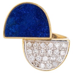 Bague demi-lune vintage en or jaune 18 carats avec lapis-lazuli et diamants, années 70