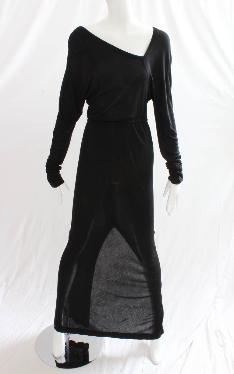 1980s Halston Fur Cuff Black Jersey Gown