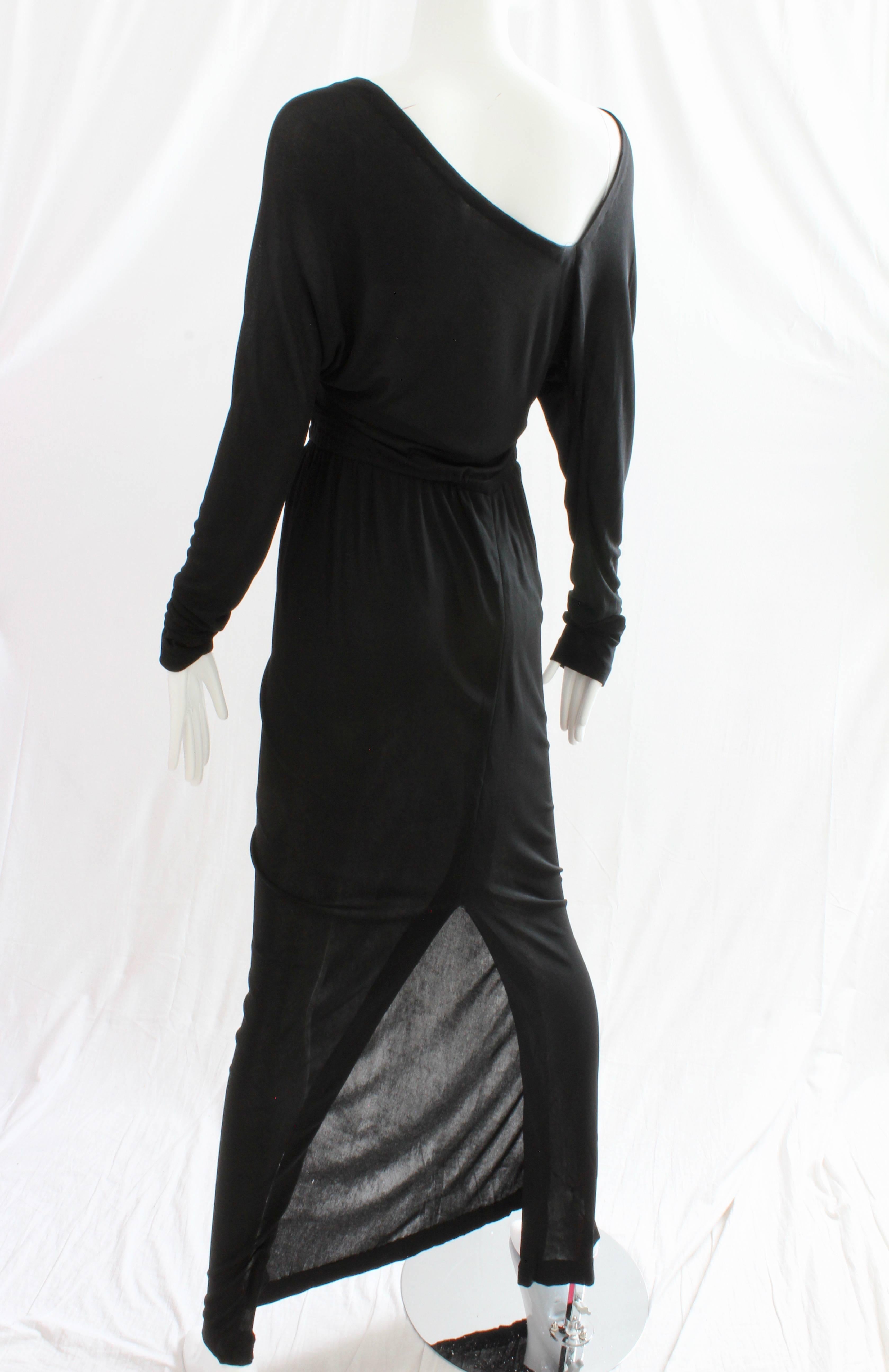 Women's Halston Black Jersey Dress Asymmetric Neckline Museum Piece Evening Gown, 1970s