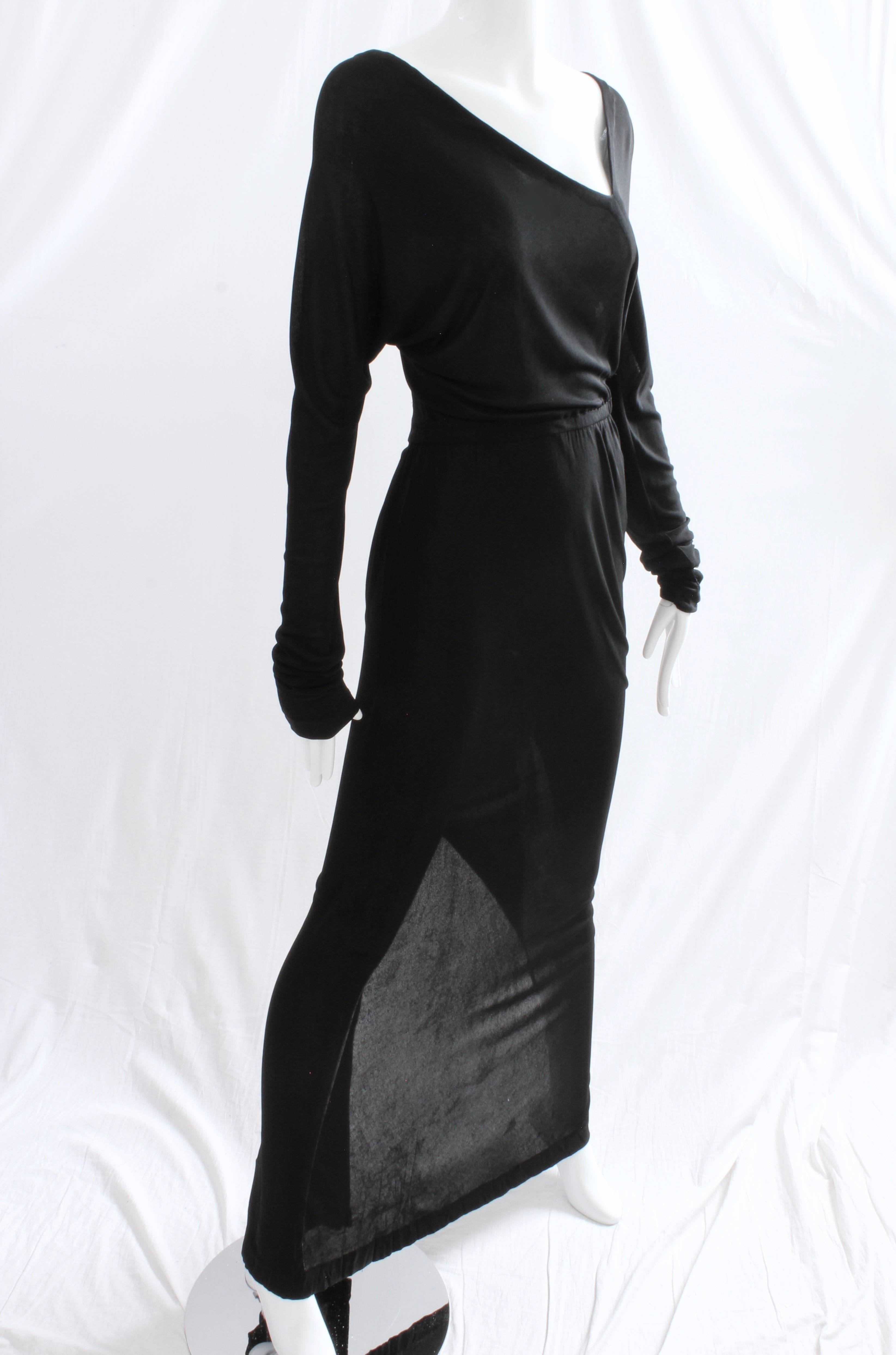 Halston Black Jersey Dress Asymmetric Neckline Museum Piece Evening Gown, 1970s 1