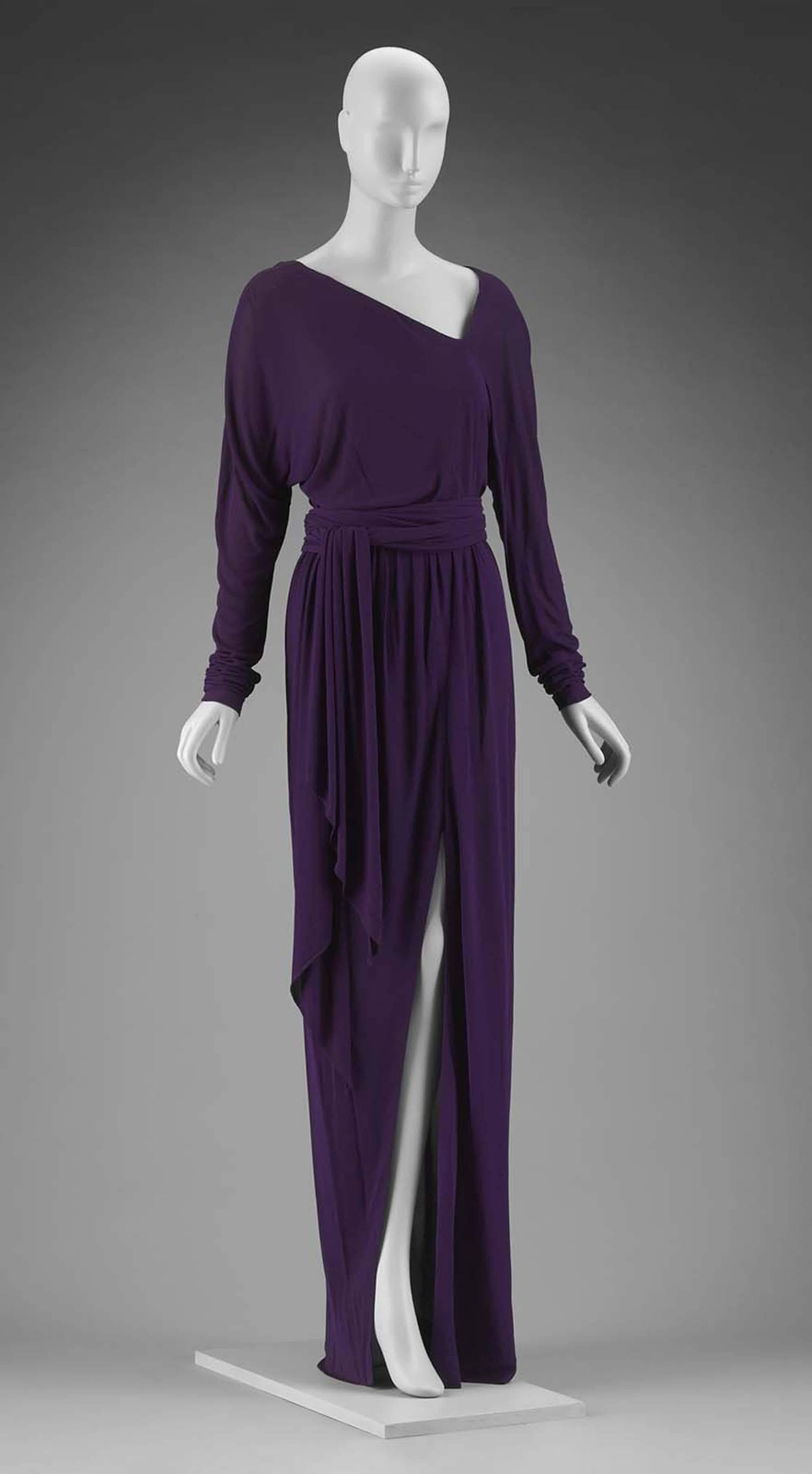 Halston Black Jersey Dress Asymmetric Neckline Museum Piece Evening Gown, 1970s 2