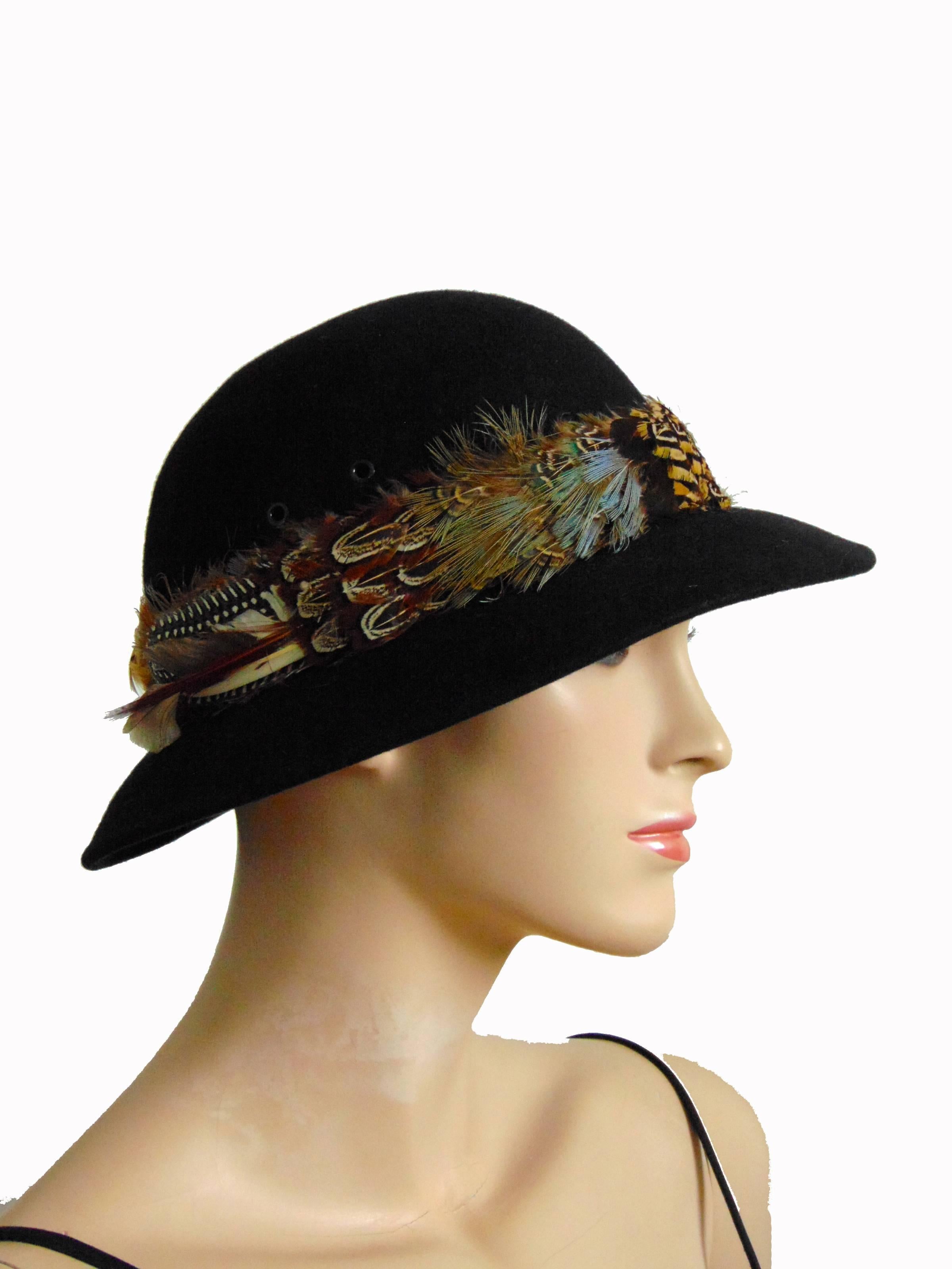 70s Halston Black Wool Brimmed Hat with Feathers Size 7 Vintage  In Good Condition In Port Saint Lucie, FL
