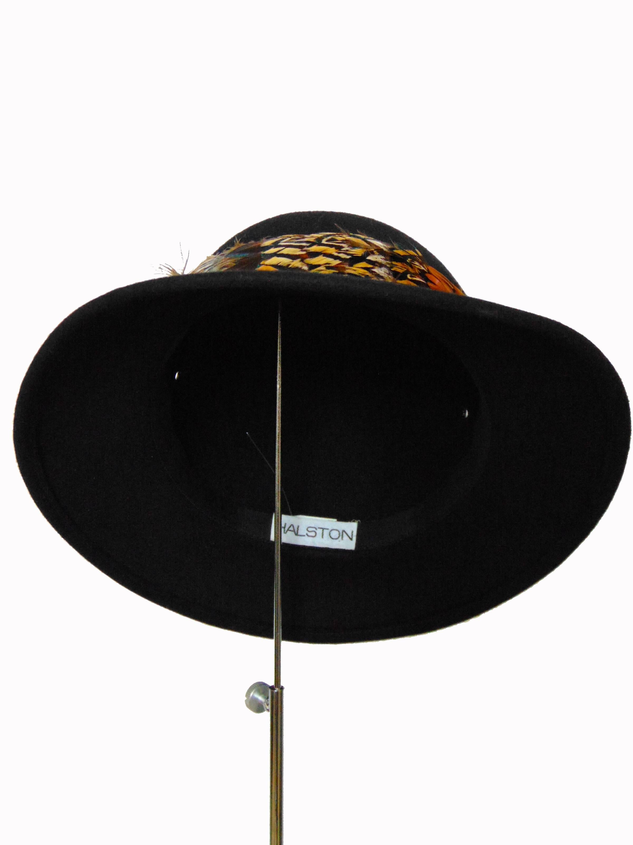 Women's 70s Halston Black Wool Brimmed Hat with Feathers Size 7 Vintage