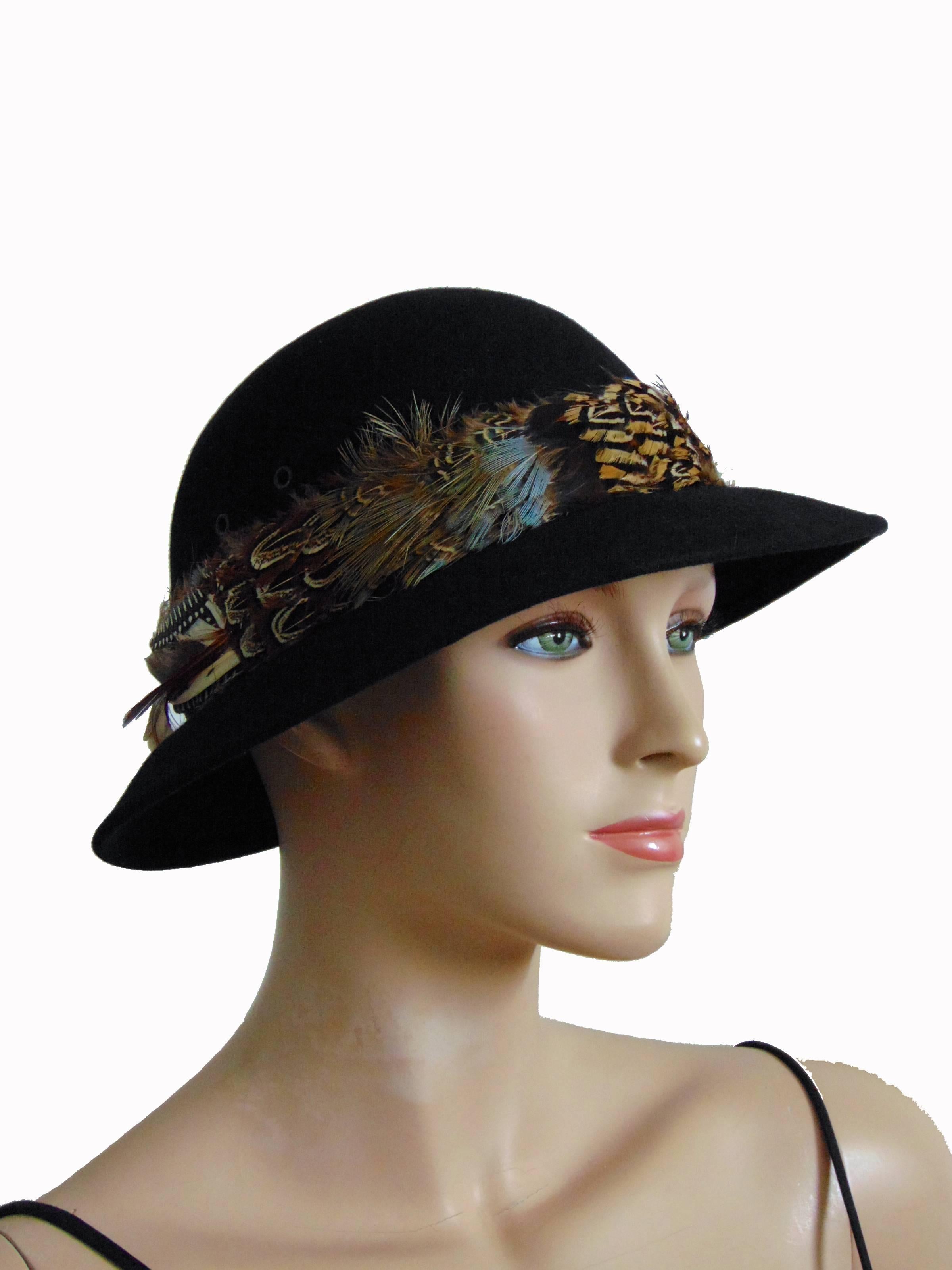 70s Halston Black Wool Brimmed Hat with Feathers Size 7 Vintage  1