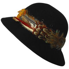 70s Halston Black Wool Brimmed Hat with Feathers Size 7 Vintage