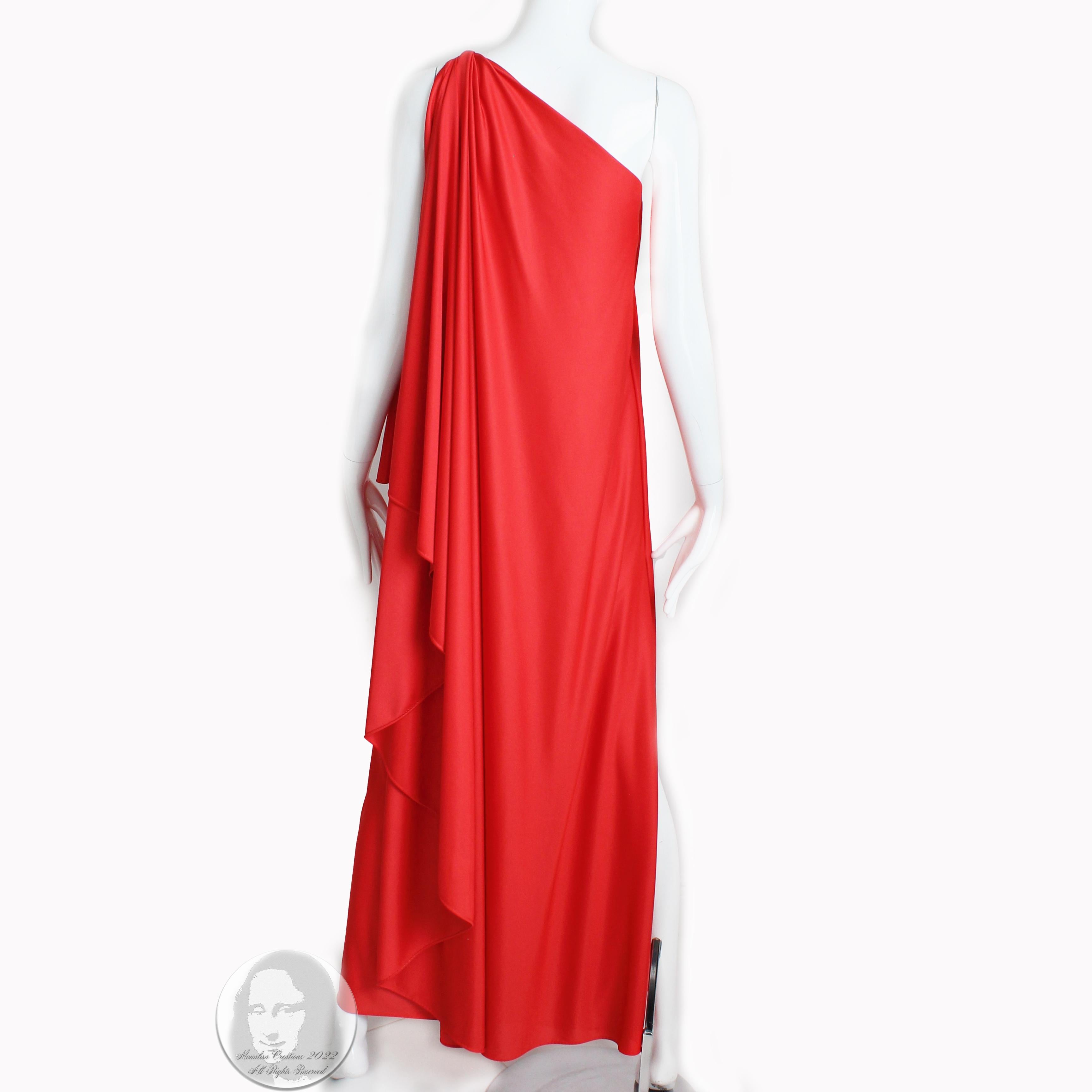 70s Halston Evening Gown One Shoulder Red Jersey Maxi Dress Draped NWT NOS 5