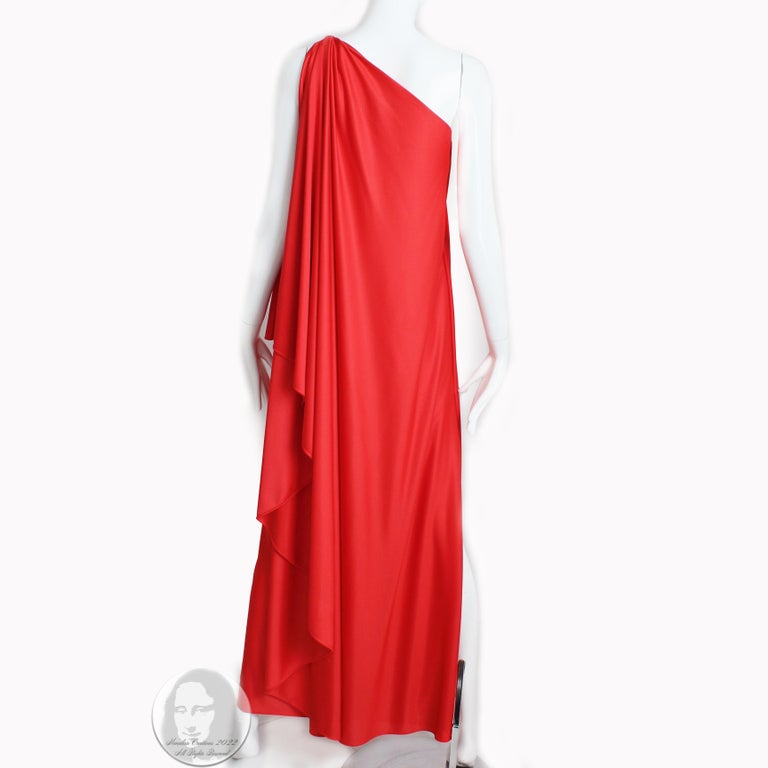 Prettiest 1978 Halston Red Jersey One Shoulder Draped Full Length Maxi Dress