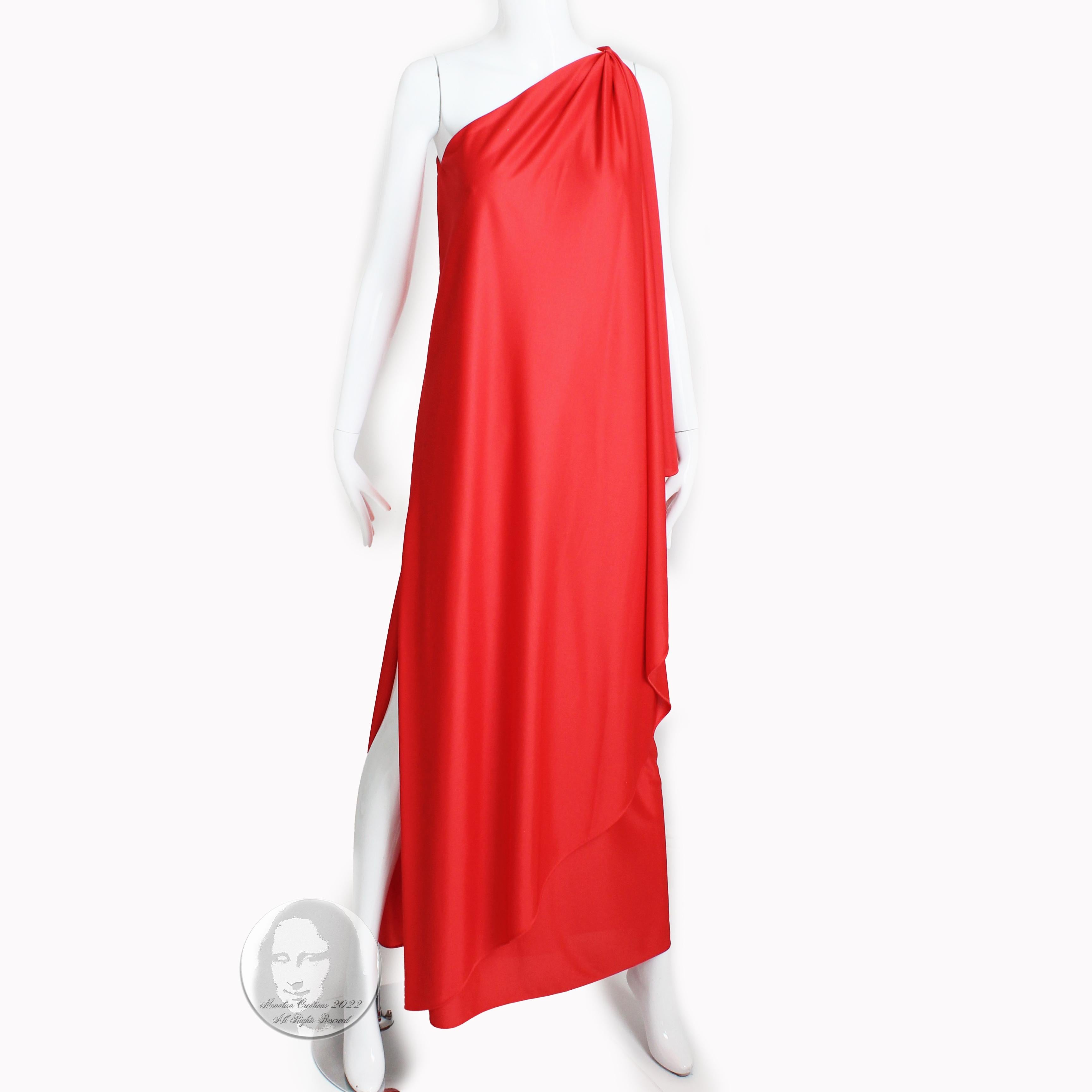 Authentic, New With Tag/New Old Stock vintage Halston one shoulder evening gown red draped maxi dress, made in the late 70s. Fabulously chic gown, the cut and draping on this piece is meant to show off one's curves! Made from an orange-hued red