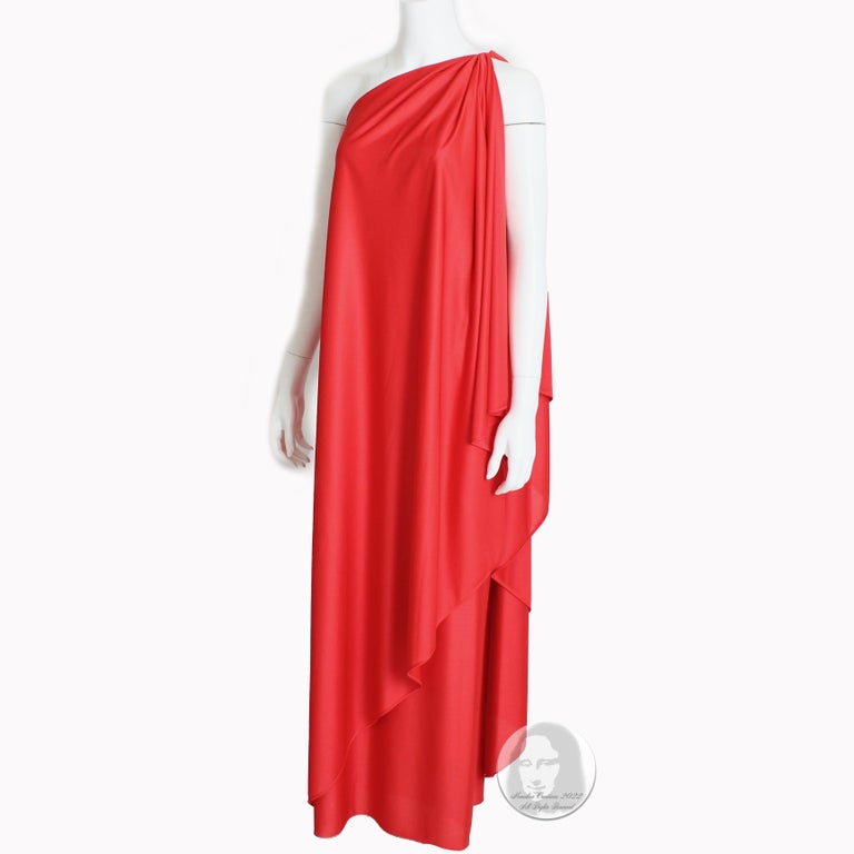 70s Halston Evening Gown One Shoulder Red Jersey Maxi Dress Draped NWT NOS