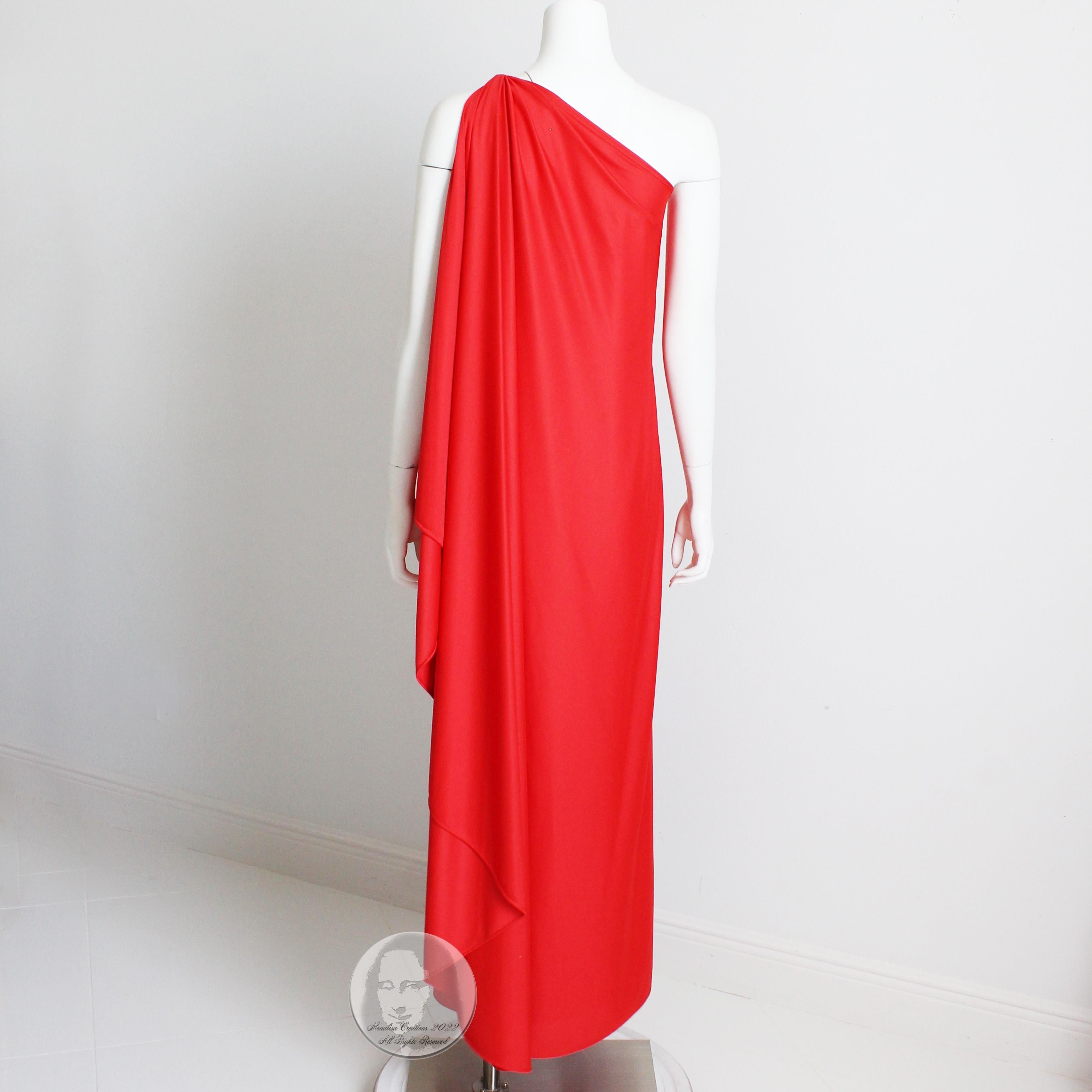 Women's or Men's 70s Halston Evening Gown One Shoulder Red Jersey Maxi Dress Draped NWT NOS