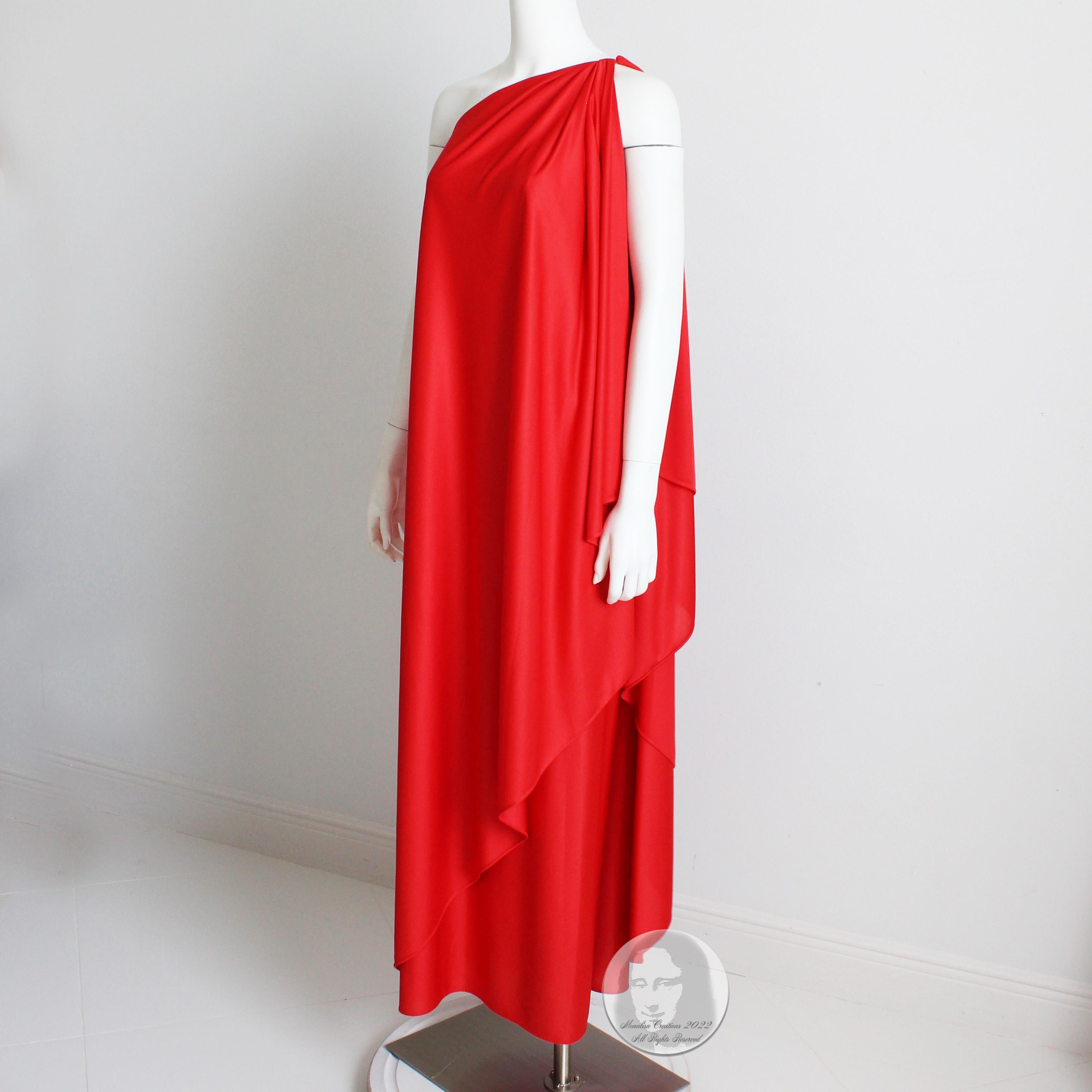 70s Halston Evening Gown One Shoulder Red Jersey Maxi Dress Draped NWT NOS 1