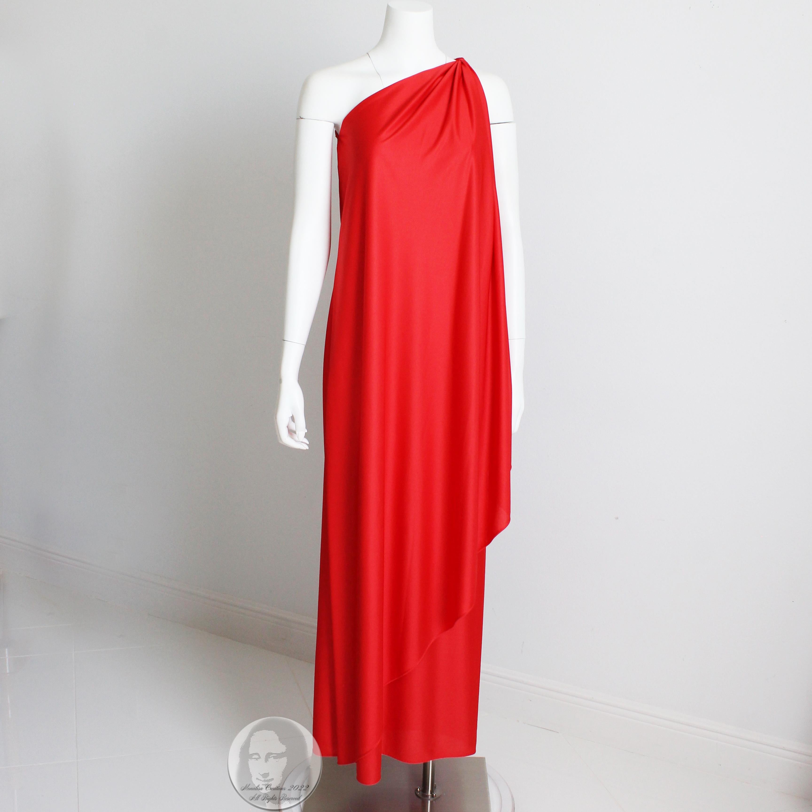 70s Halston Evening Gown One Shoulder Red Jersey Maxi Dress Draped NWT NOS 2
