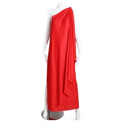 Robe de soirée Halston asymétrique drapée en jersey rouge, neuve avec étiquettes, années 70