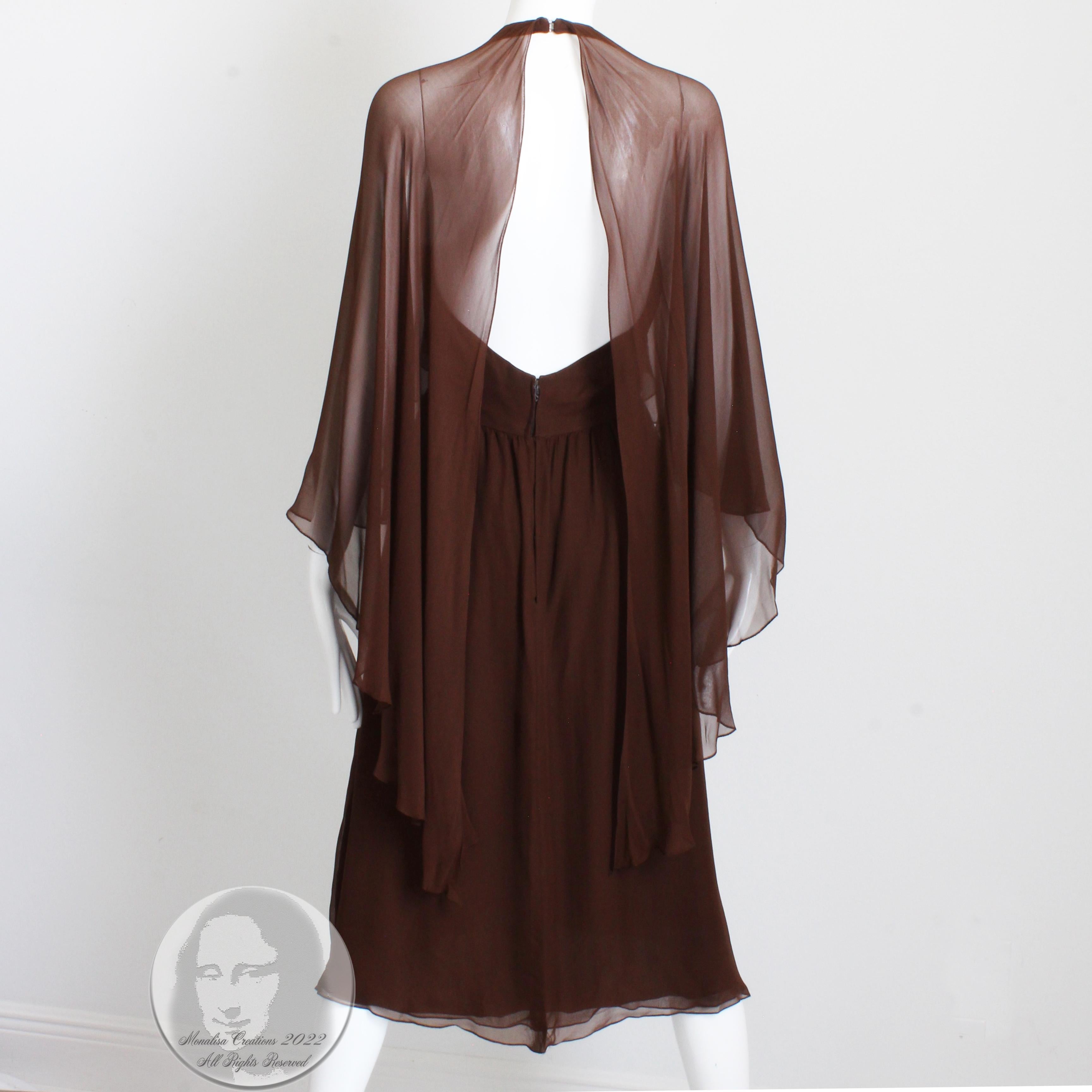 70s Halston Halter Dress with Attached Sheer Angel Sleeve Shawl Silk Chiffon HTF 2