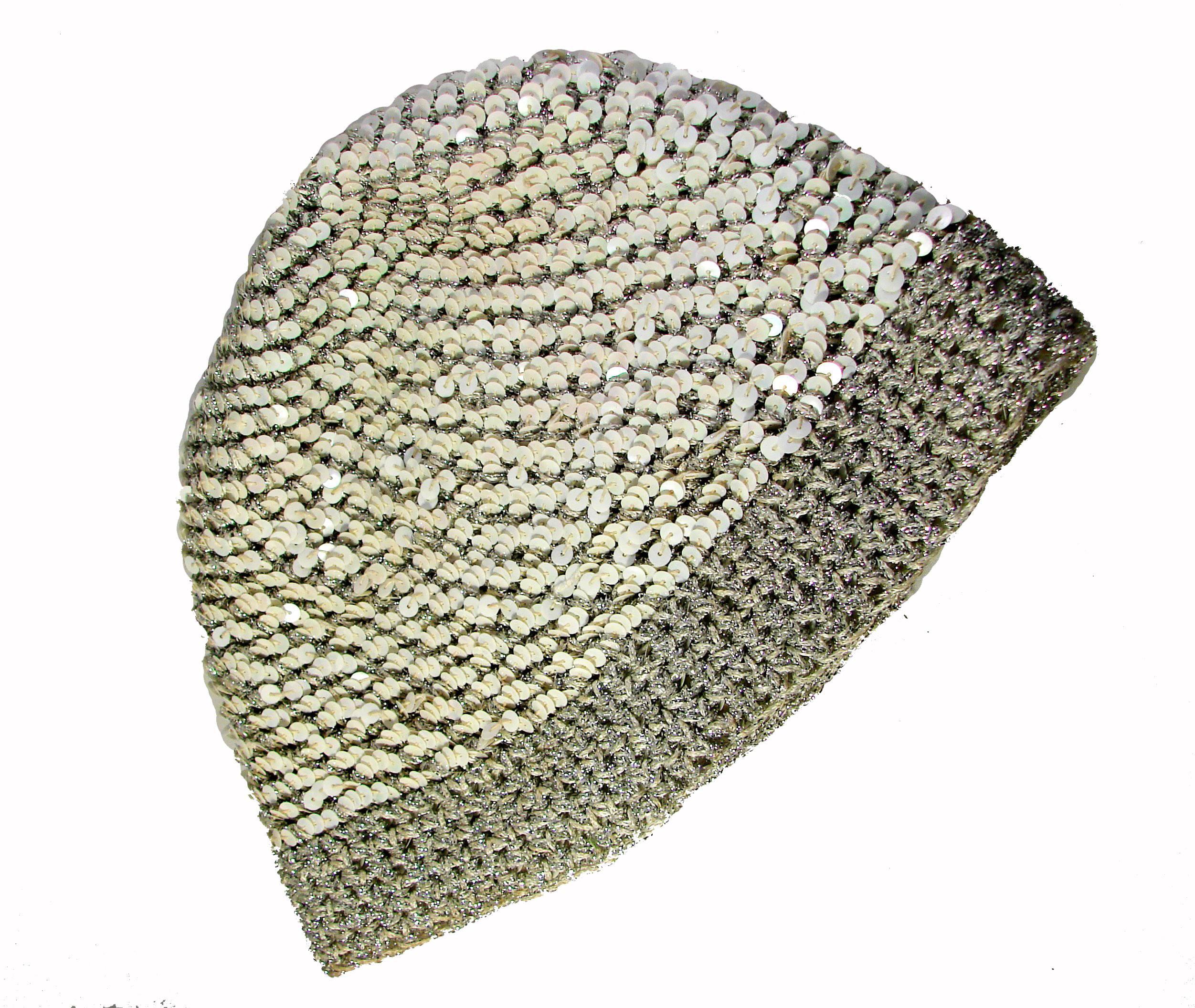 70s Halston Sequins Skull Cap Hat White Silver Metallic Adjustable Saks Sz S/M In Good Condition In Port Saint Lucie, FL