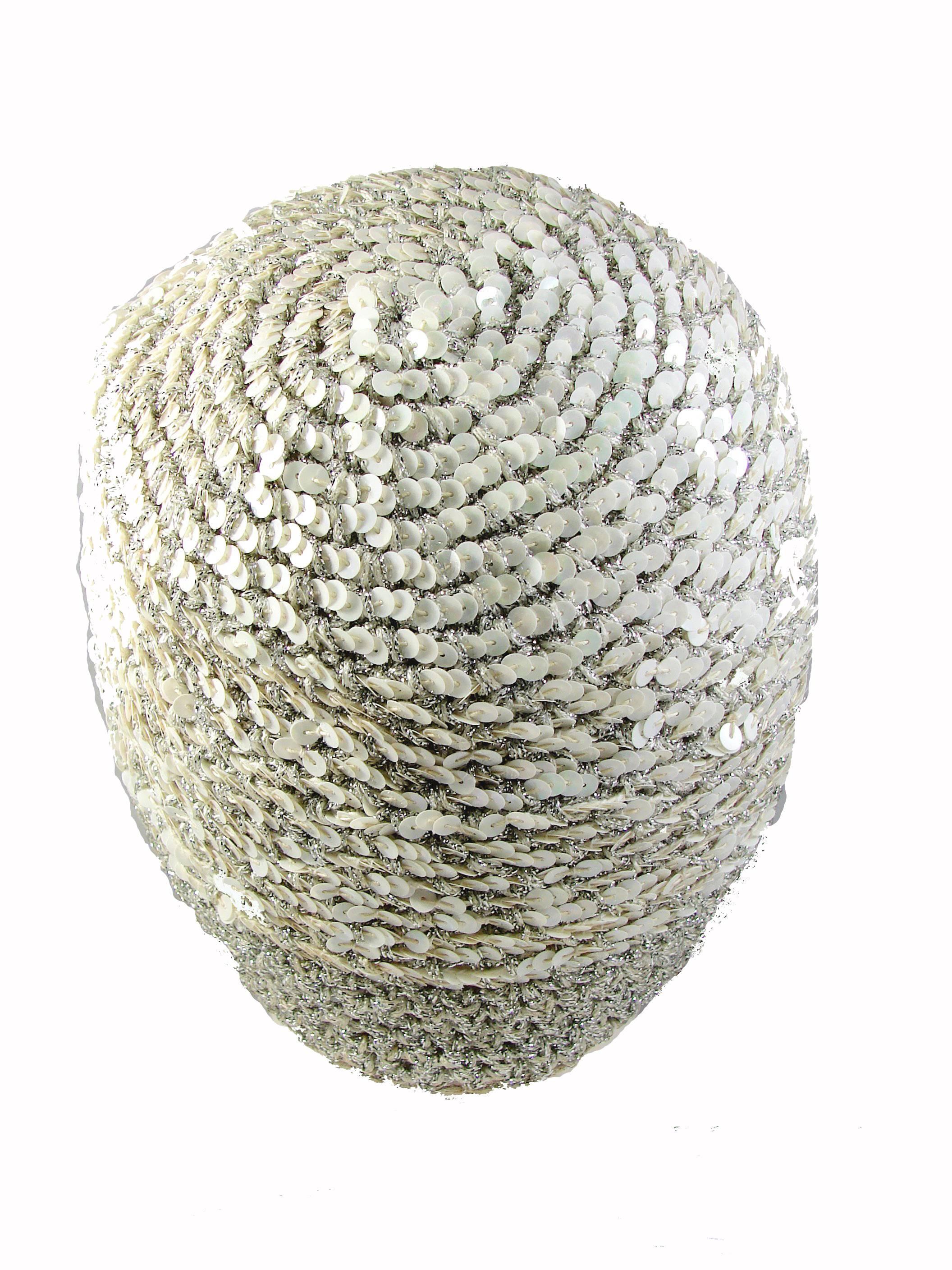 Women's 70s Halston Sequins Skull Cap Hat White Silver Metallic Adjustable Saks Sz S/M