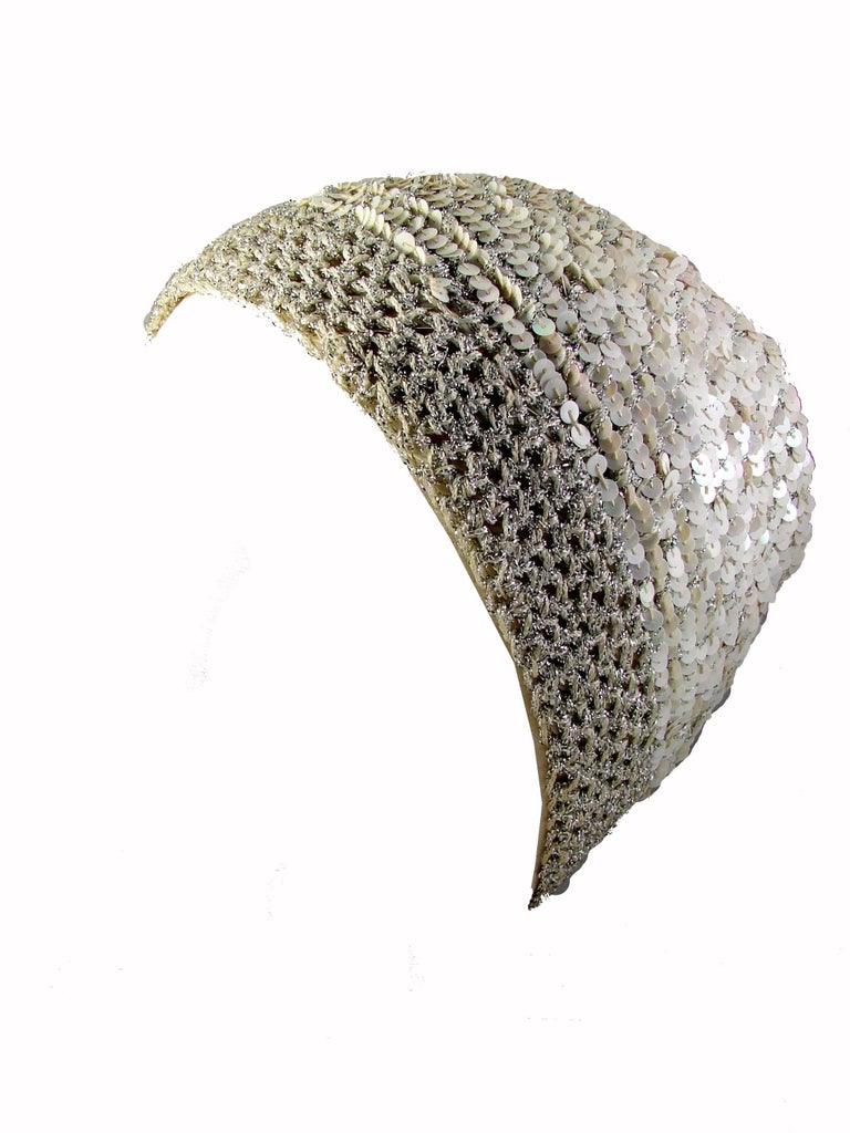 70s Halston Sequins Skull Cap Hat White Silver Metallic Adjustable Saks
