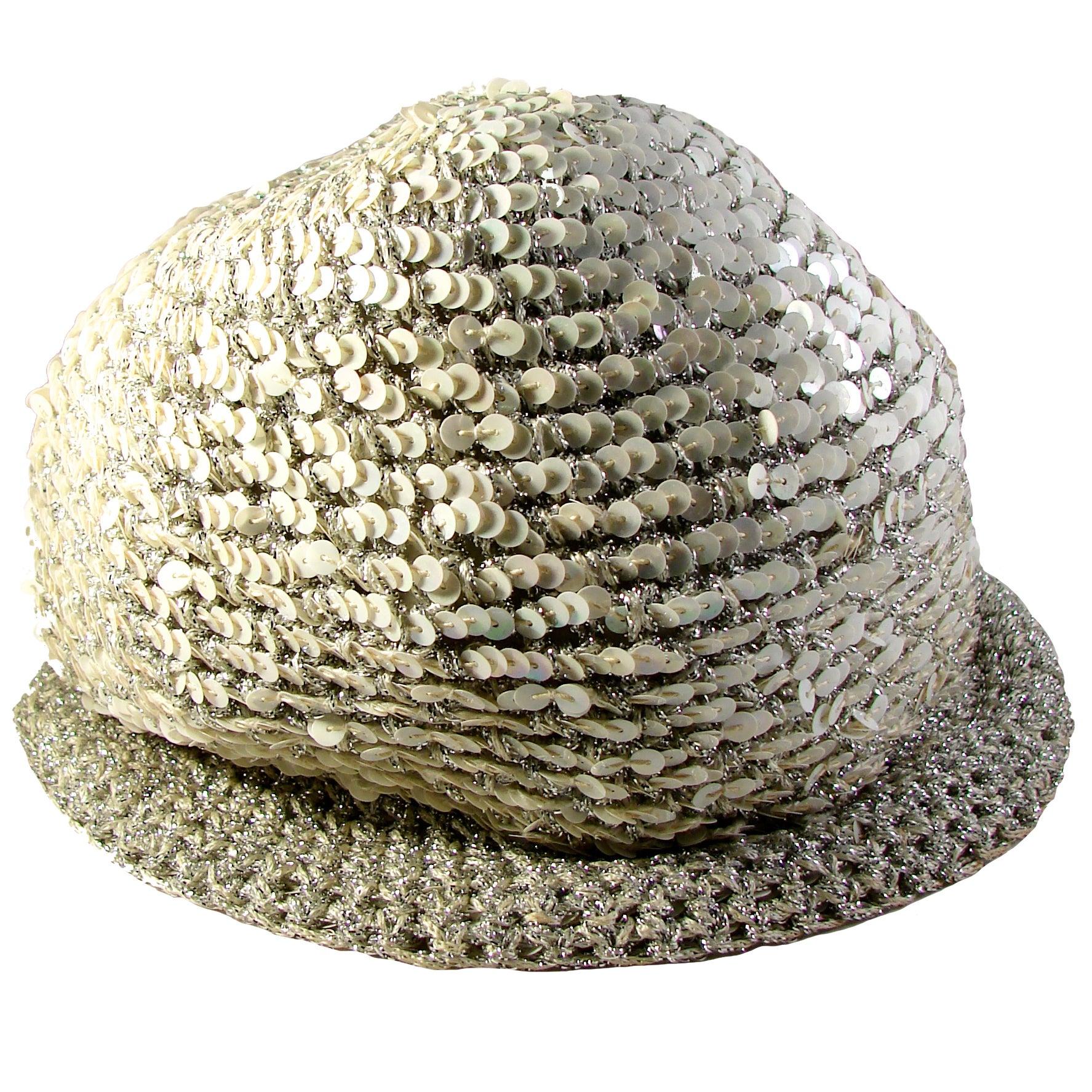 70s Halston Sequins Skull Cap Hat White Silver Metallic Adjustable Saks Sz S/M