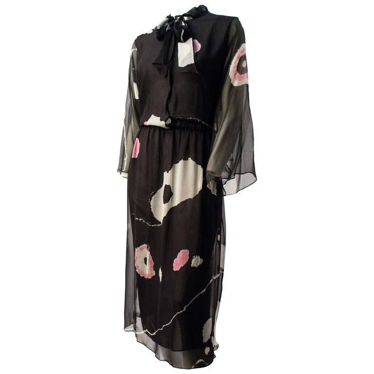 Black 70s Hanae Mori Printed Silk Chiffon Dress