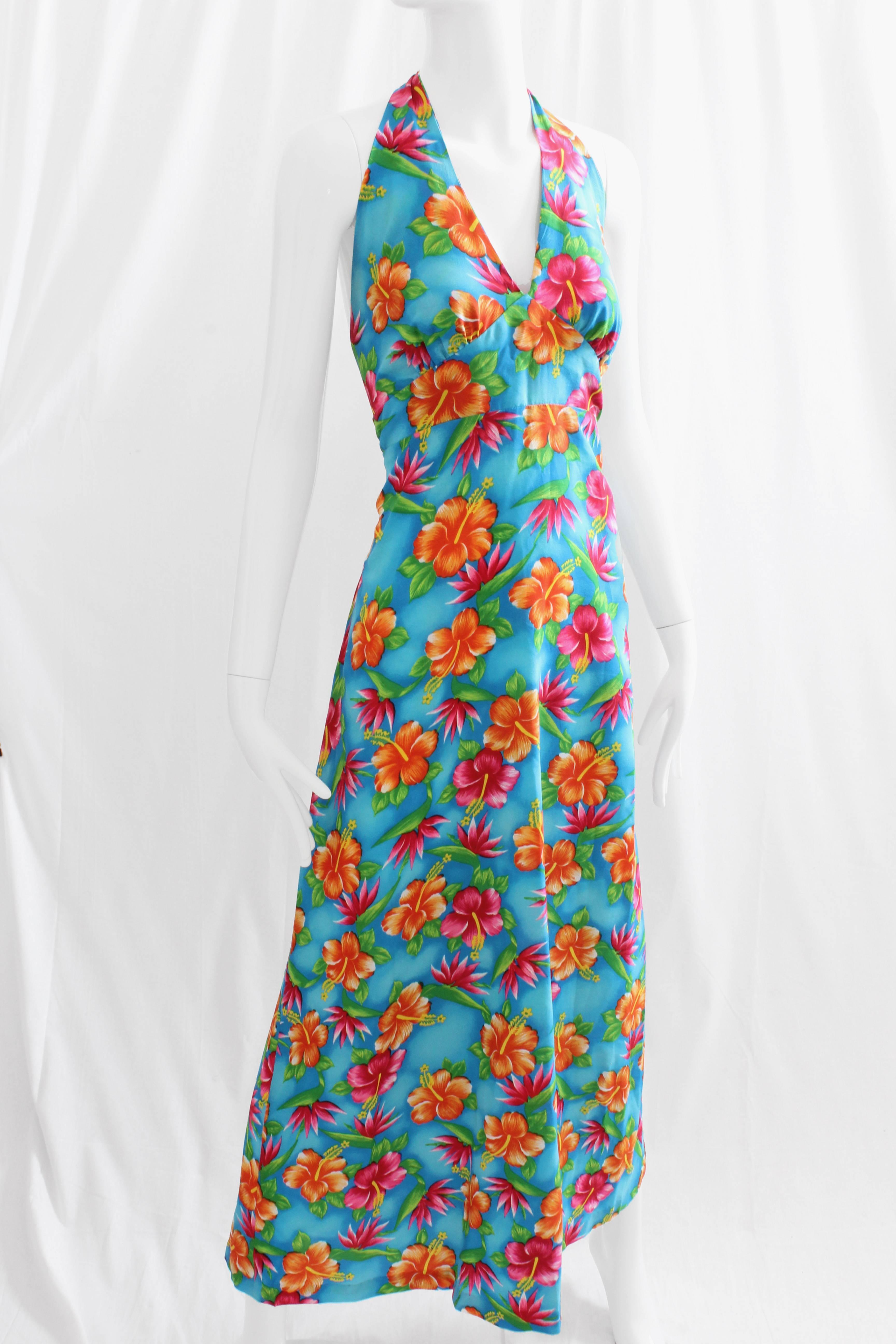 Femenino o masculino 70s Hilo Hattie Pomare Halter Vestido Maxi Atrevido Estampado Floral Hawaiano Festival 16 en venta