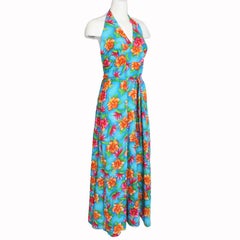 70s Hilo Hattie Pomare Halter Dress Maxi Bold Hawaiian Floral Print Festival 16