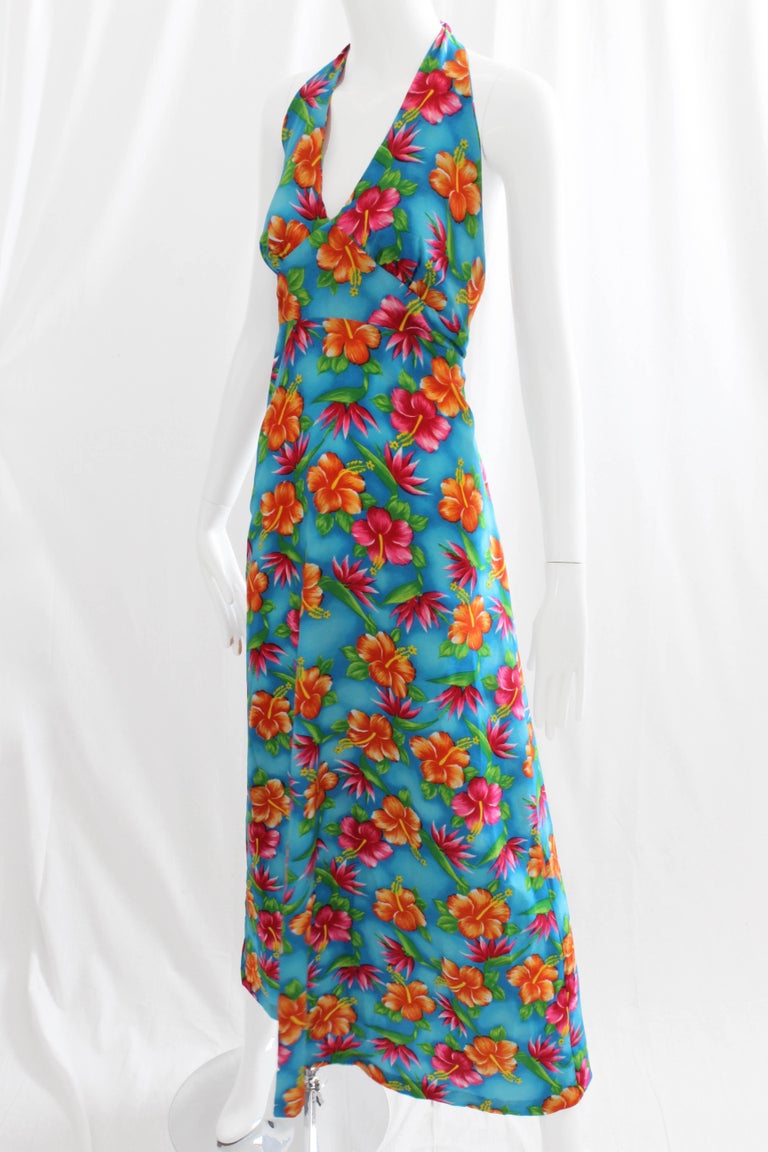 70s Hilo Hattie Pomare Halter Dress Maxi Bold Hawaiian Floral Print ...