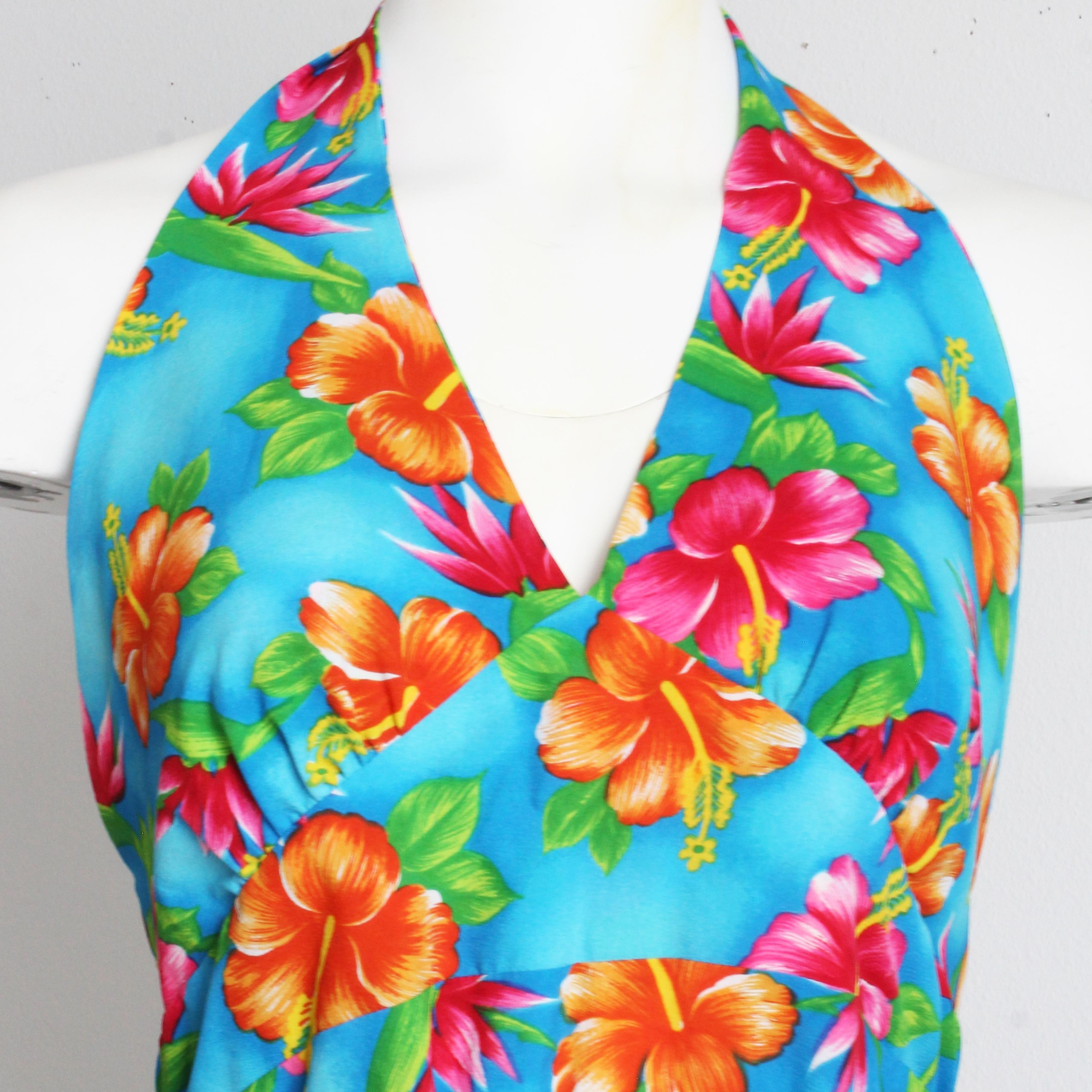 70s Hilo Hattie Pomare Halter Vestido Maxi Atrevido Estampado Floral Hawaiano Festival 16 Gris en venta
