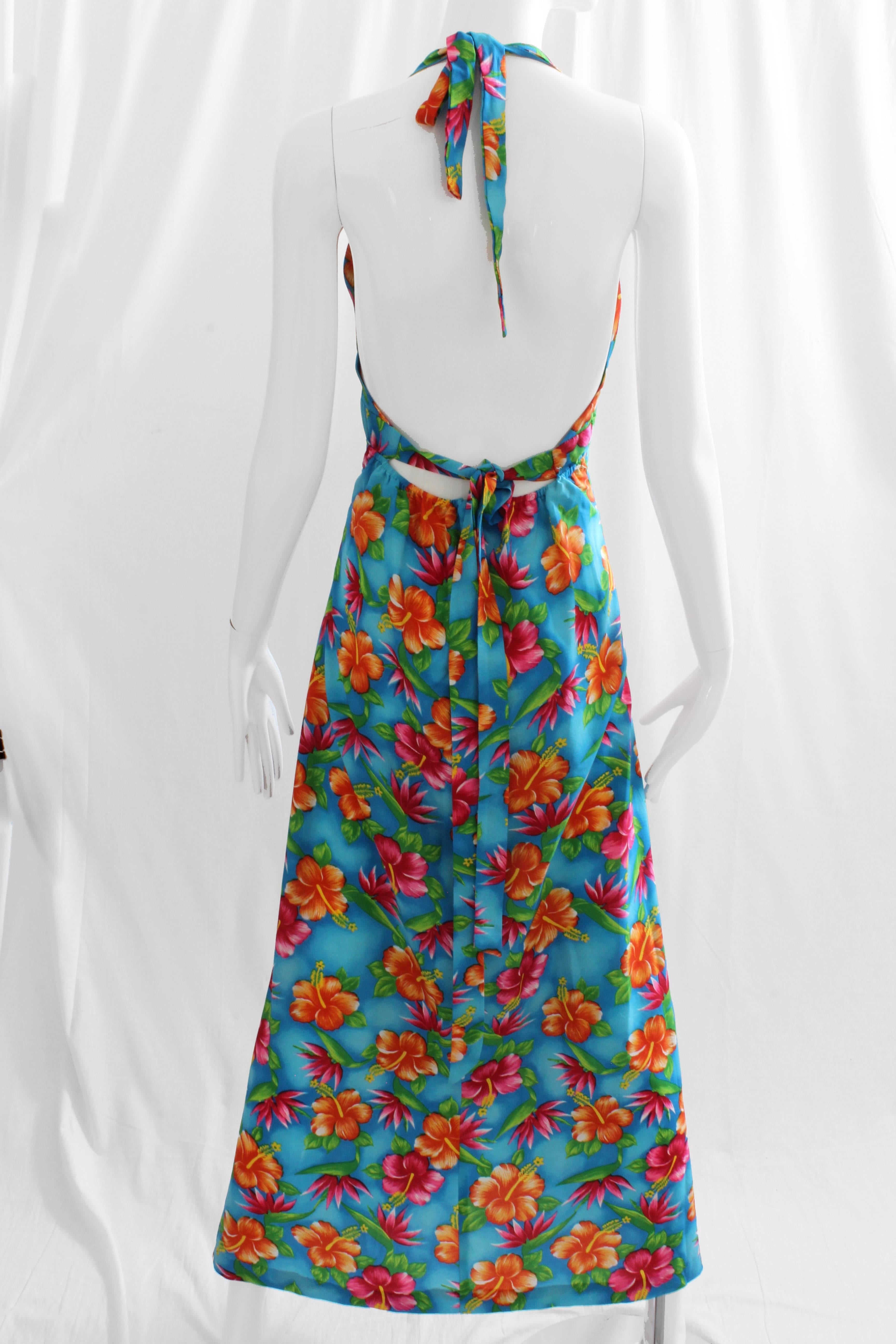 Gray 70s Hilo Hattie Pomare Halter Dress Maxi Bold Hawaiian Floral Print Festival 16