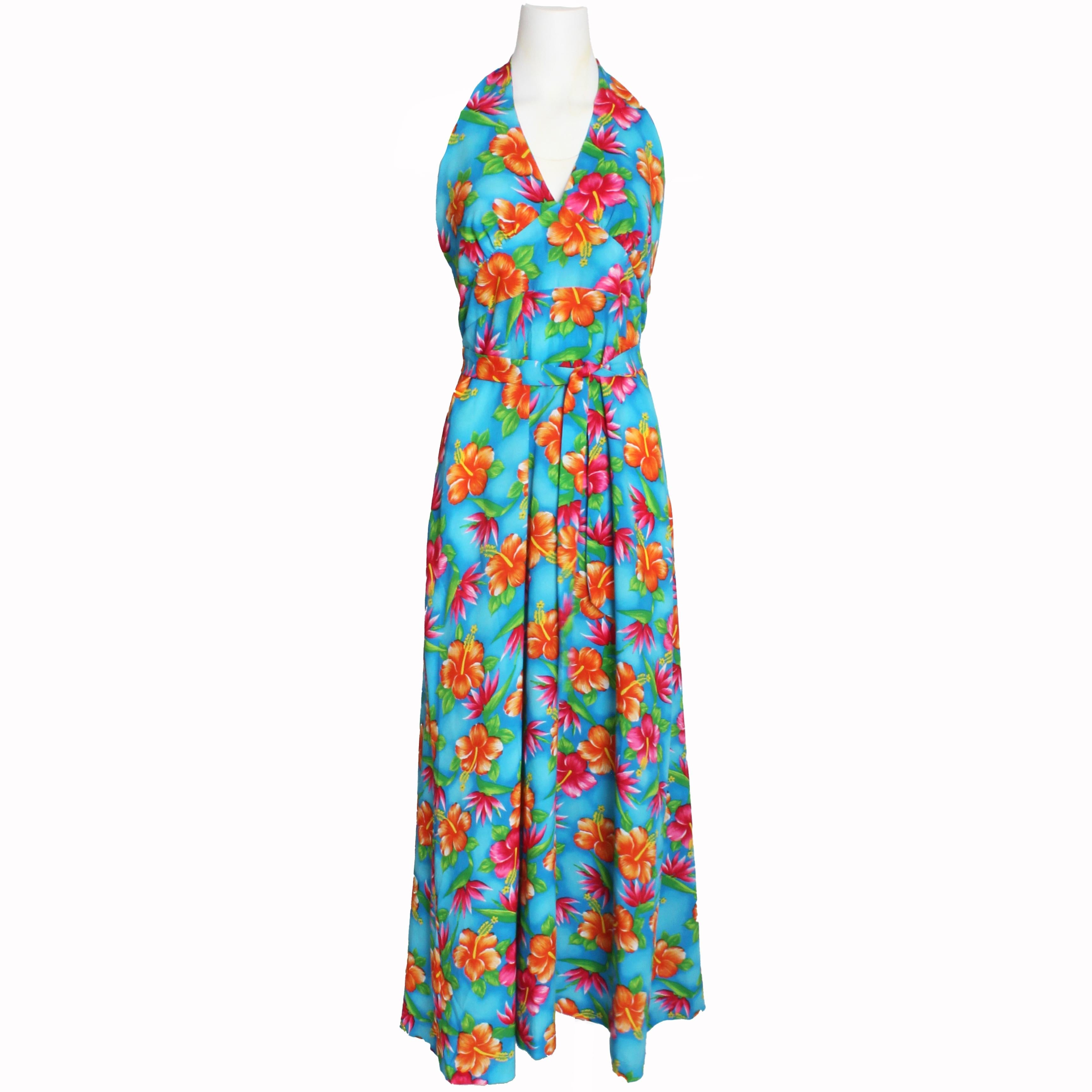 70s Hilo Hattie Pomare Halter Vestido Maxi Atrevido Estampado Floral Hawaiano Festival 16 en Bueno estado para la venta en Port Saint Lucie, FL