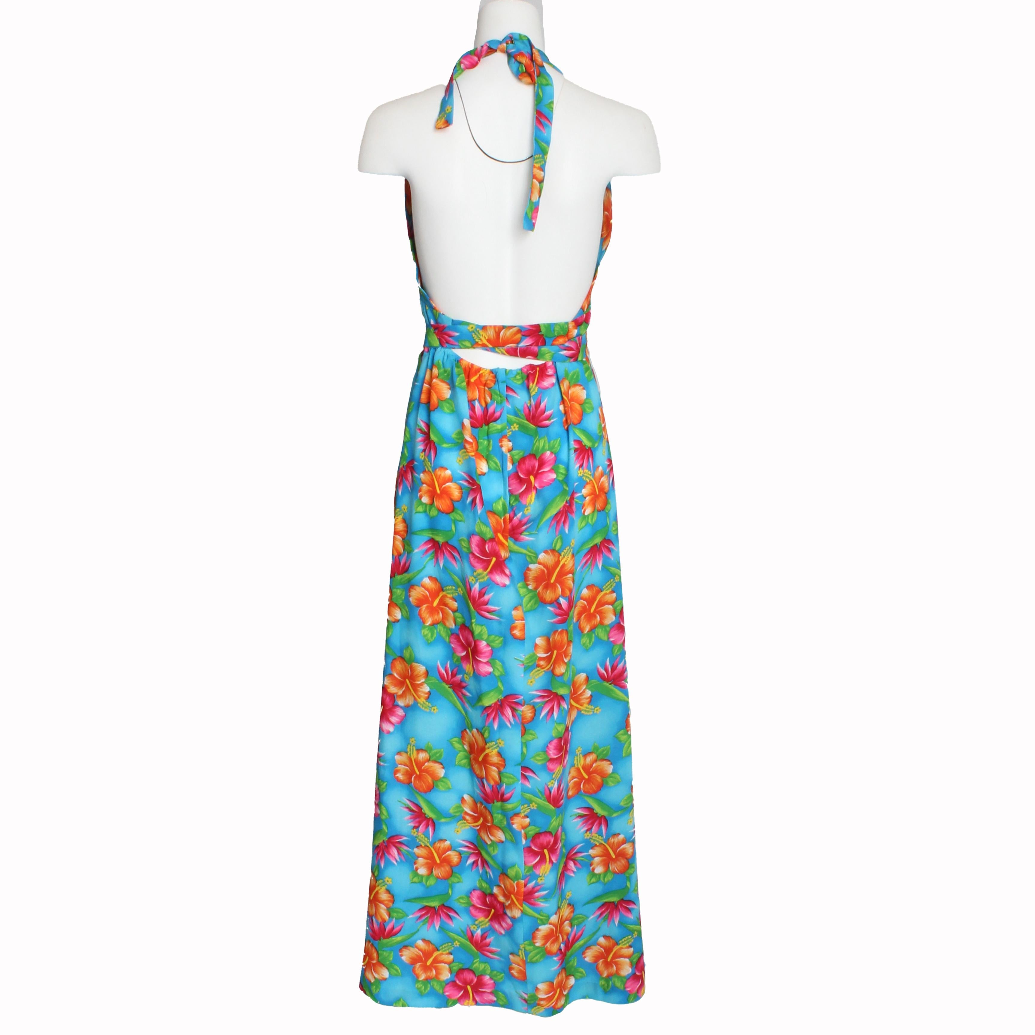 70s Hilo Hattie Pomare Halter Vestido Maxi Atrevido Estampado Floral Hawaiano Festival 16 en venta 3
