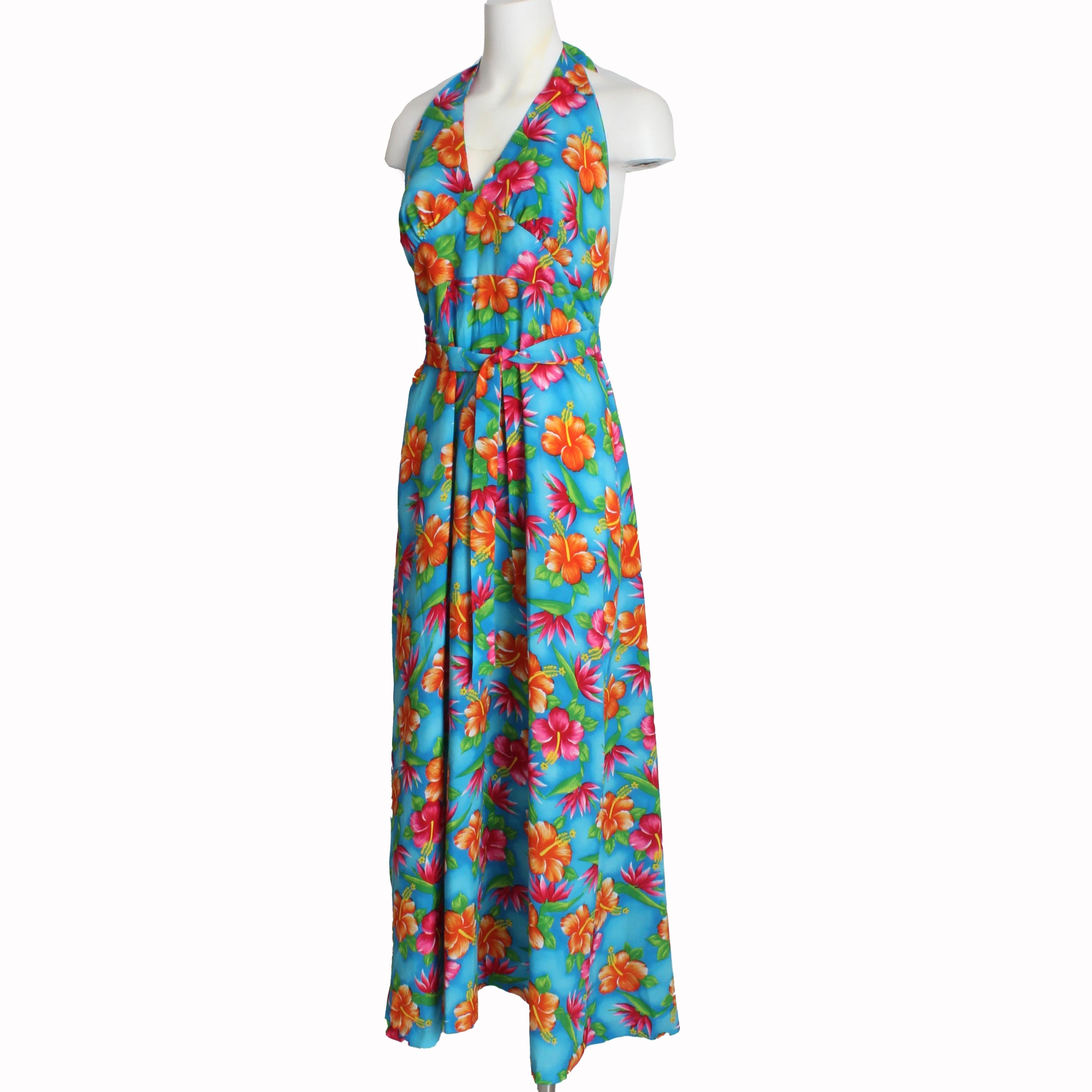 70s Hilo Hattie Pomare Halter Vestido Maxi Atrevido Estampado Floral Hawaiano Festival 16 en venta 4