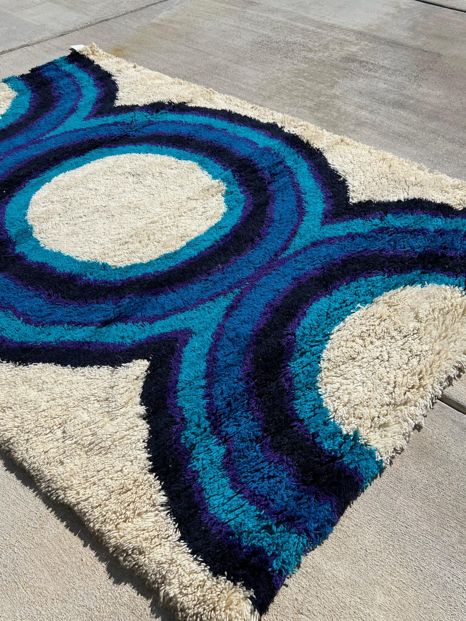 70's HOJER EKSPORT WILTON Círculos SIN USAR Alfombra Rya Danesa Moderna Siglo Medio en venta 1