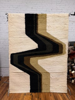 70s Hojer Eksport Wilton Cream Brown Lightning Squiggle UNUSED Rya Rug Danish