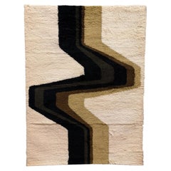 70s Hojer Eksport Wilton Cream Brown Lightning Squiggle UNUSED Rya Rug Danish