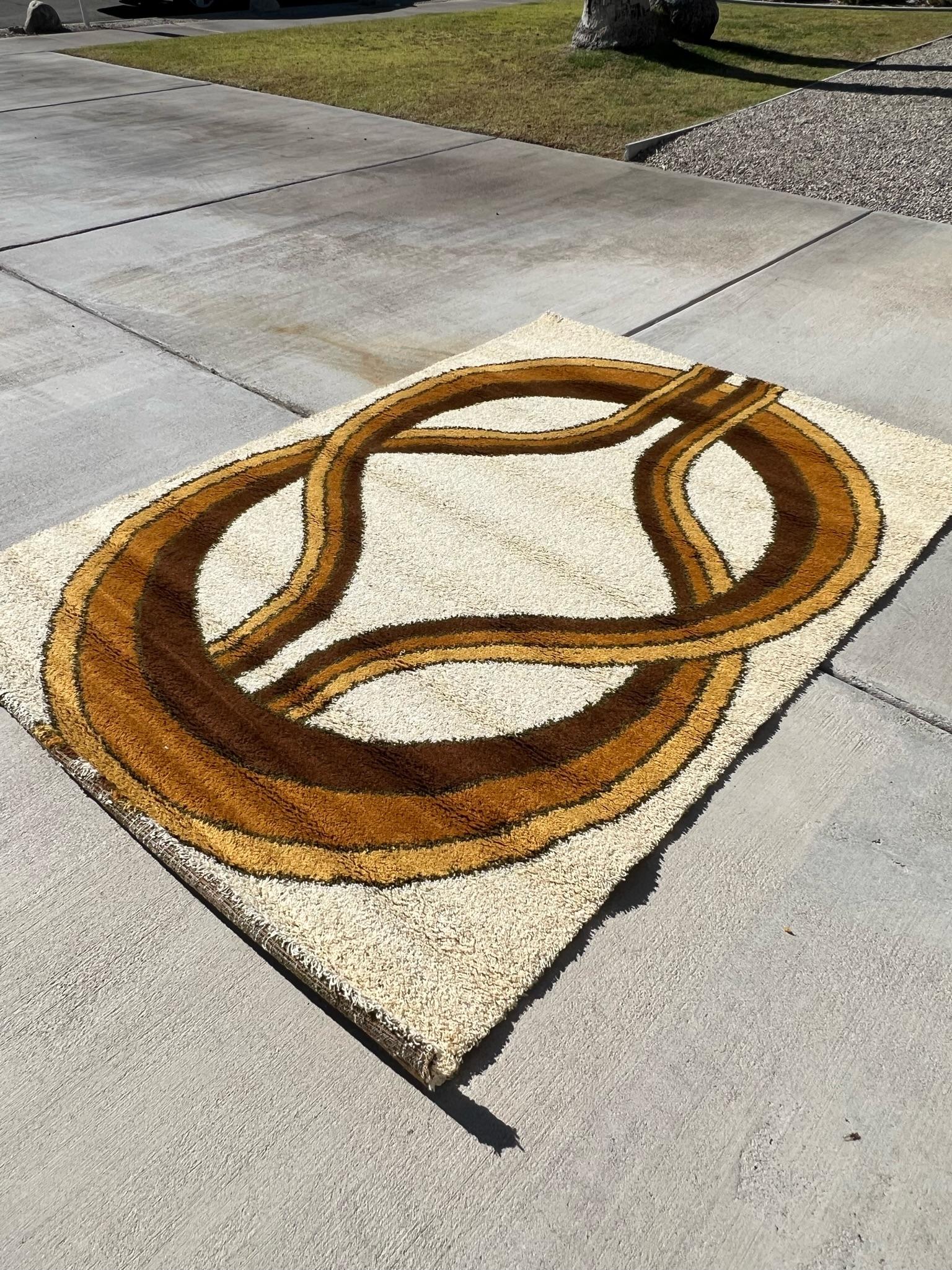 Danois 70's HOJER EKSPORT WILTON Knots Brown Yellow UNUSED Rya Rug Danish Mid Century en vente