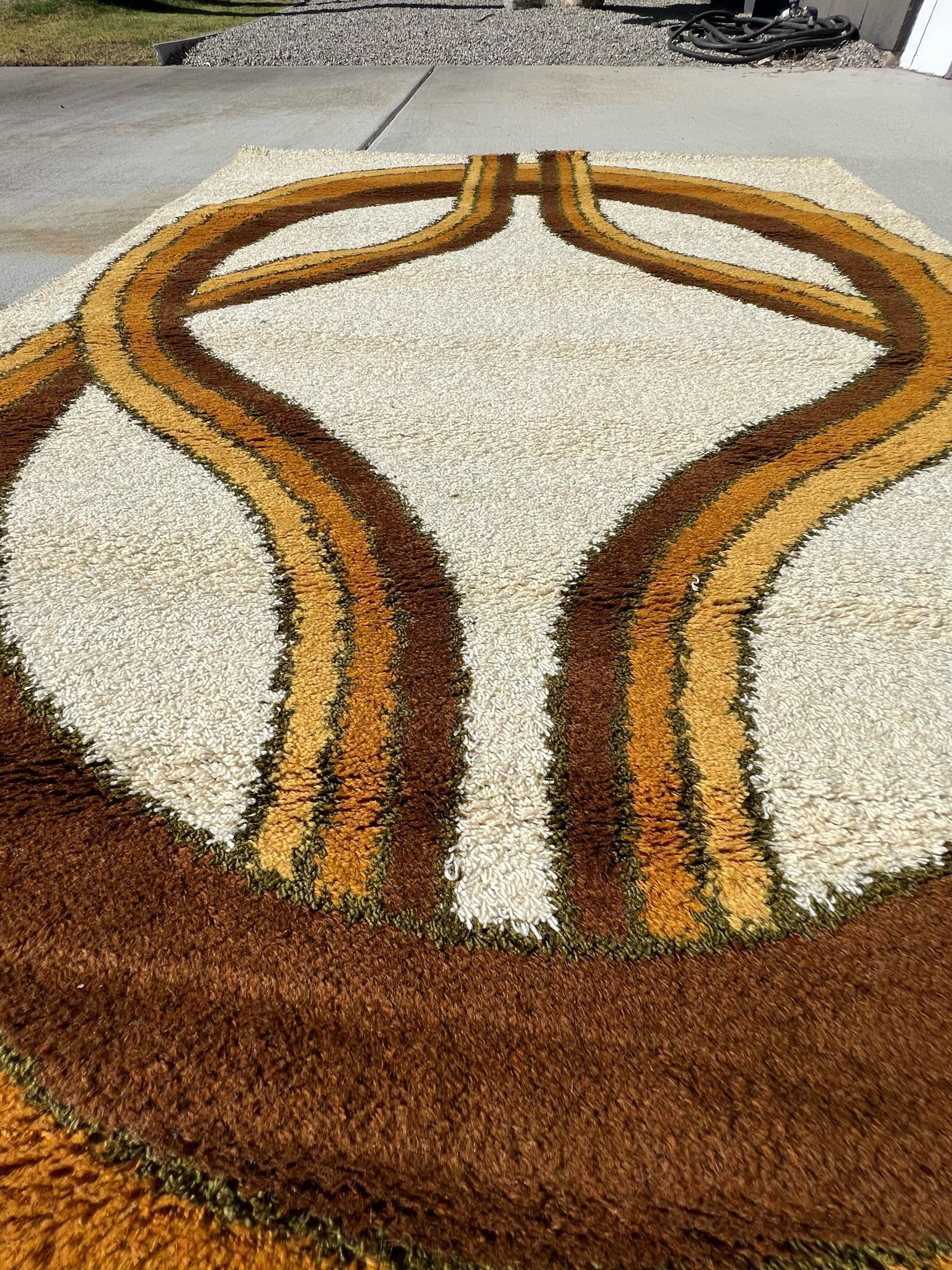 70's HOJER EKSPORT WILTON Knots Brown Yellow UNUSED Rya Rug Danish Mid Century en vente 1